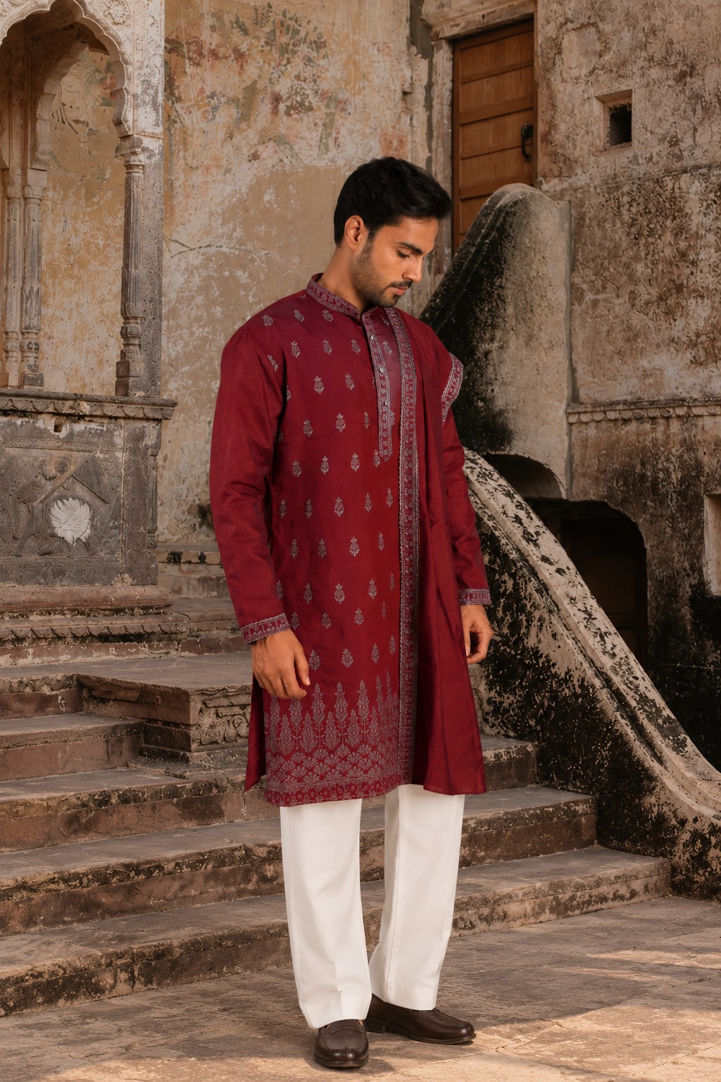 The Maroon Royal Canopy Embroidery Kurta With Dupatta