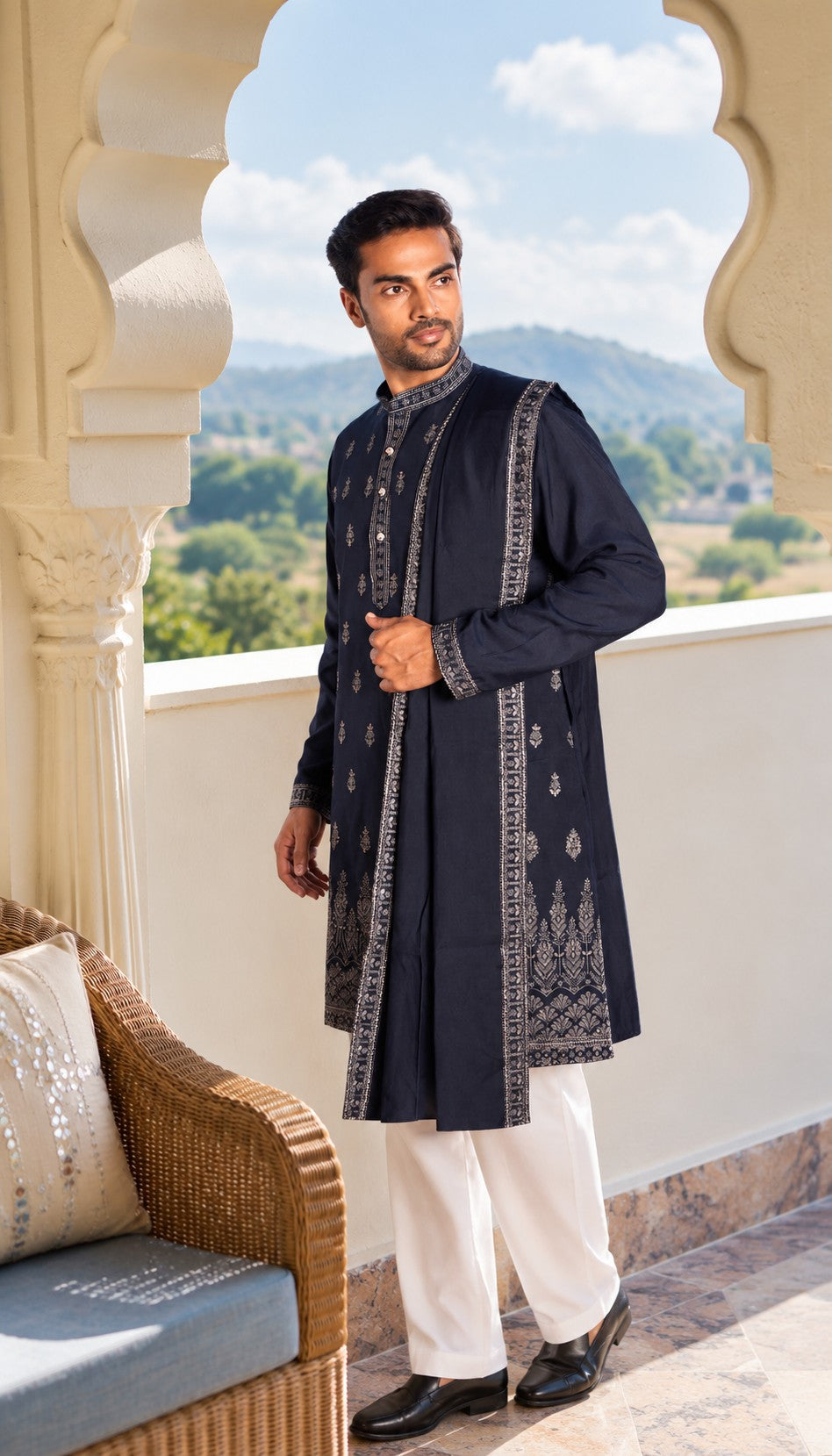 Navy Blue Vine Embroidery Kurta With Dupatta