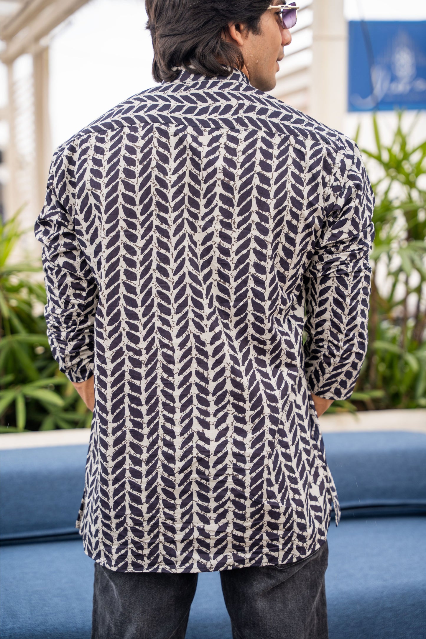 The Black Petal Stripe Print Short Kurta