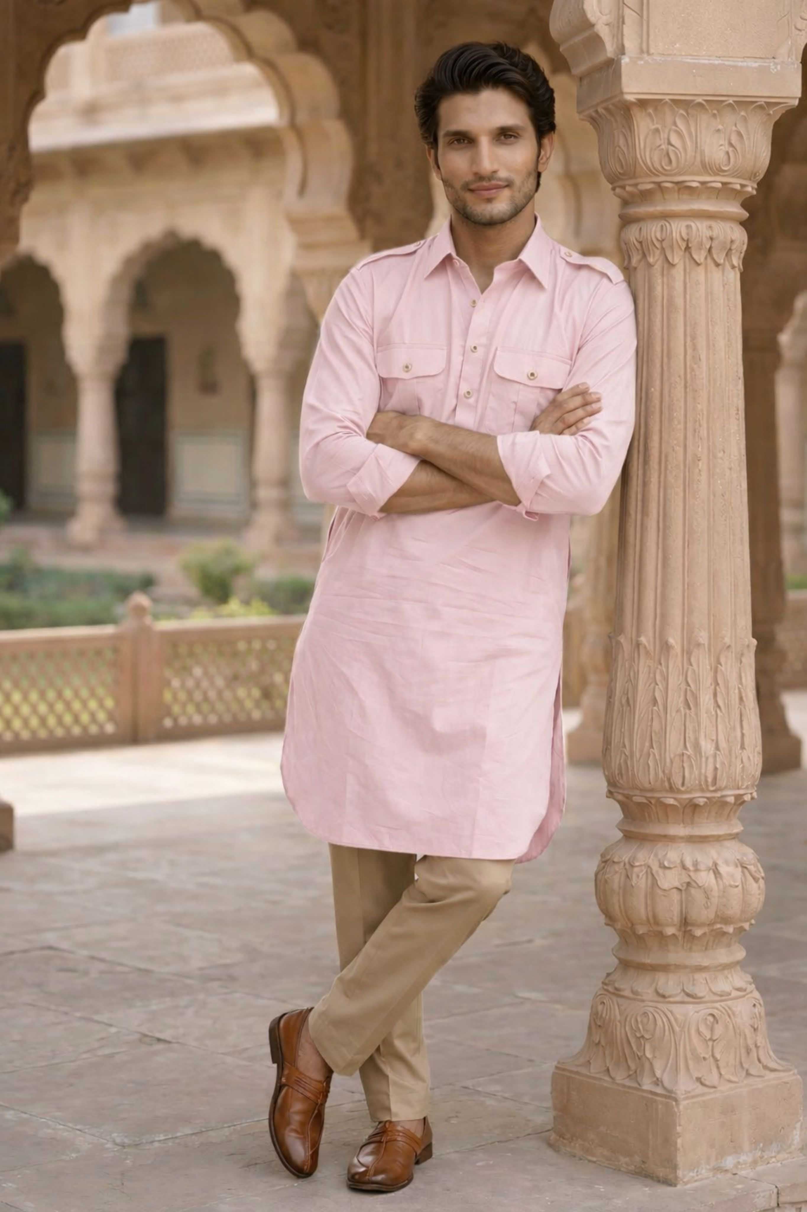The Soft Pink Oxford Pathani Kurta