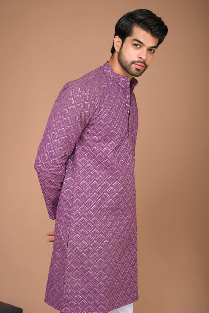 The Purple Long Kurta With Geometric Embroidery and sequins Work
