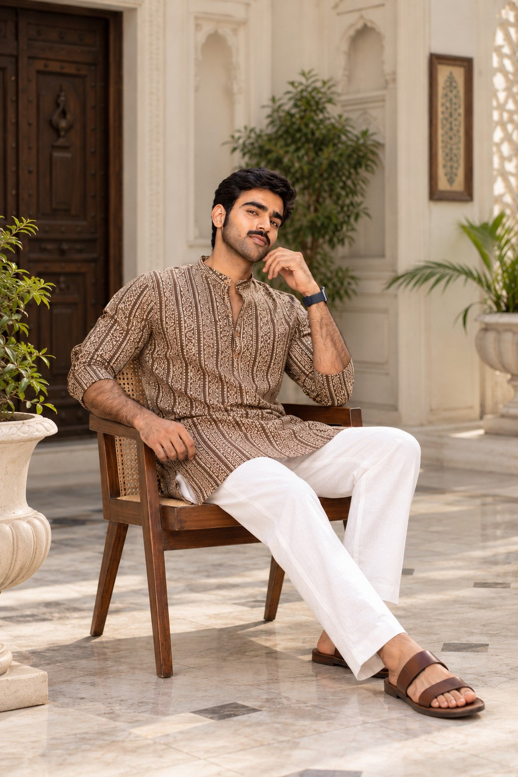 The Charcoal Tribal Stripe Mid Thigh Kurta