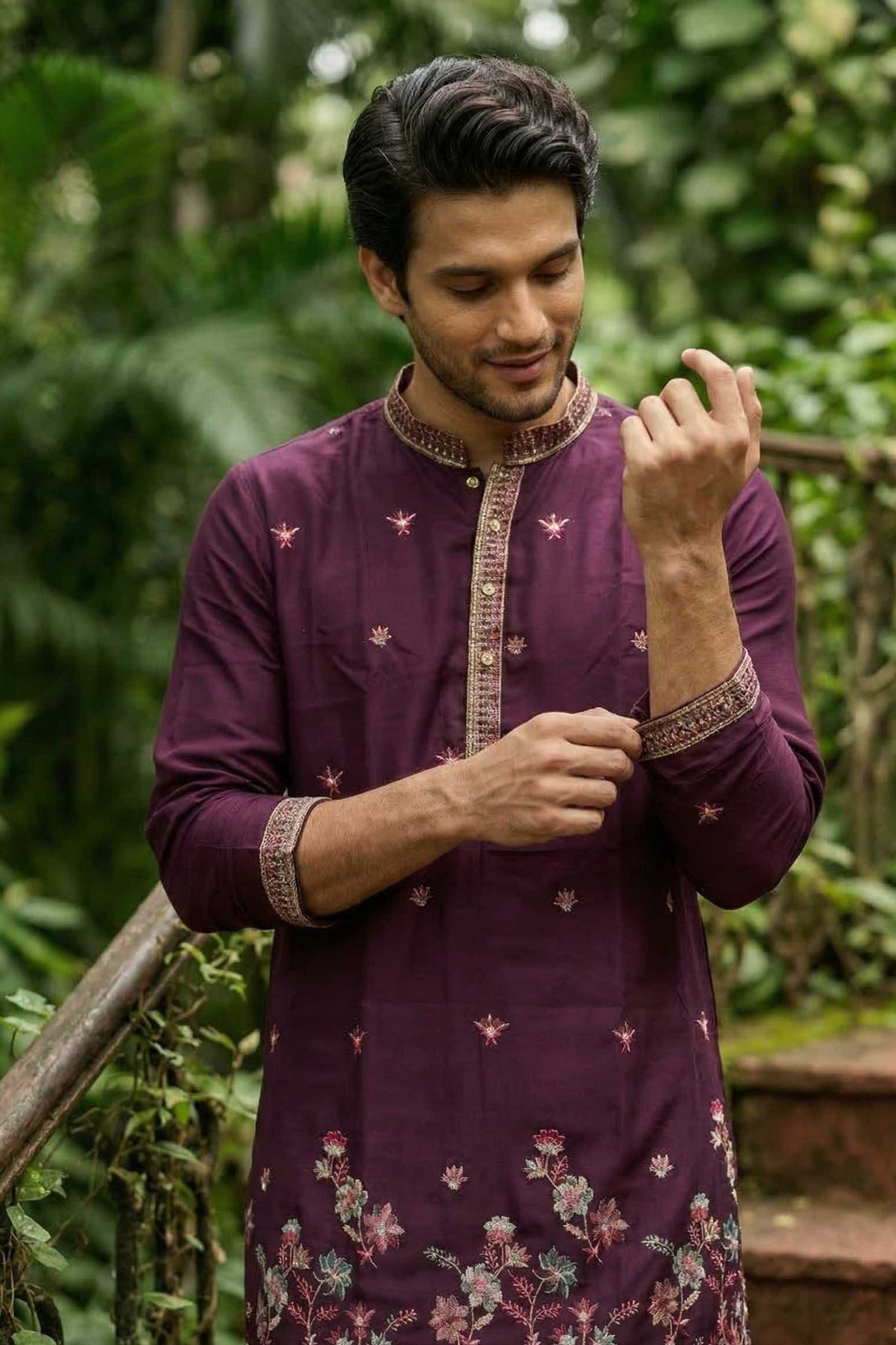 Wine Purple Designer Georgette Long Kurta with Floral Embroidery and Dupatta