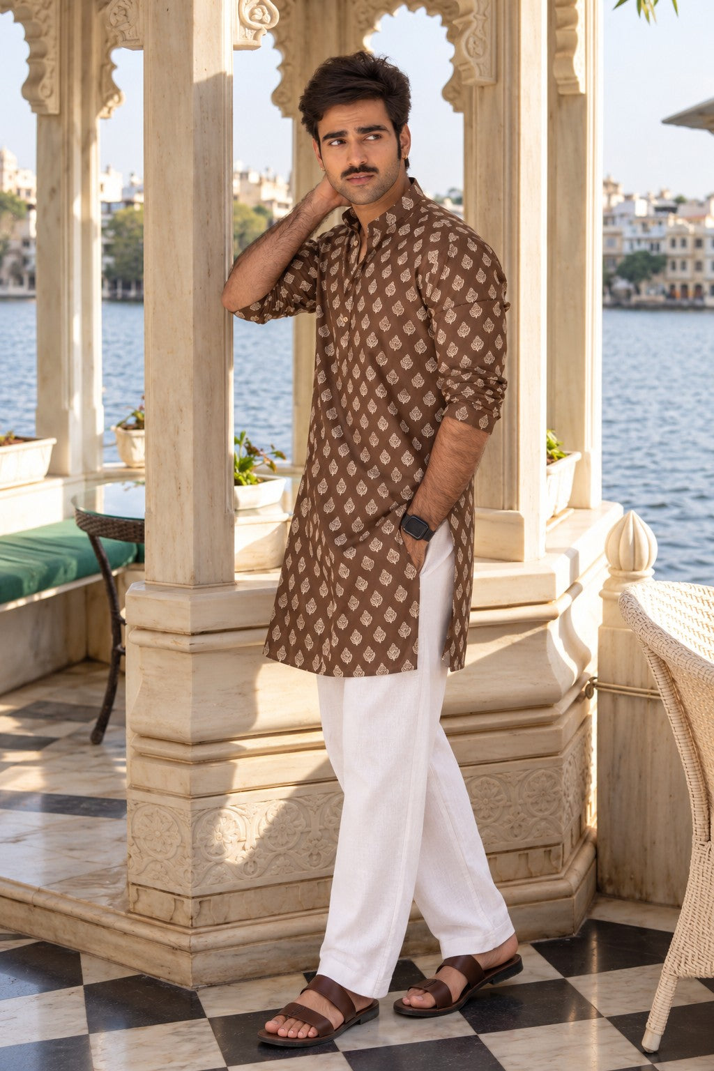 The Dark Brown Floral Motif Mid Thigh Kurta