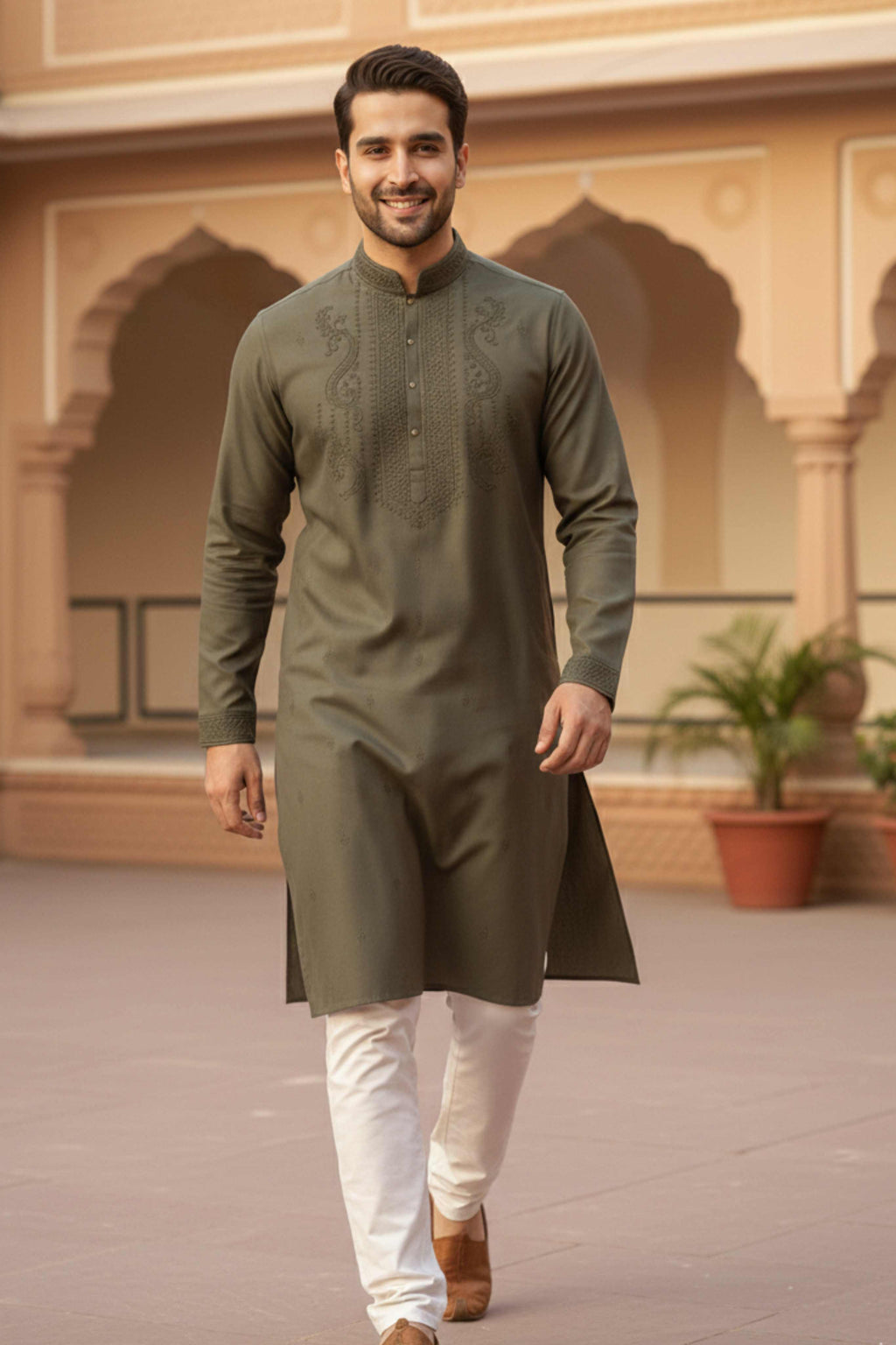 The Earthy Green Classic Heritage Embroidery Long Kurta