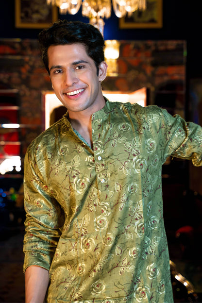 The Olive Green Floral Foil Print Long Kurta