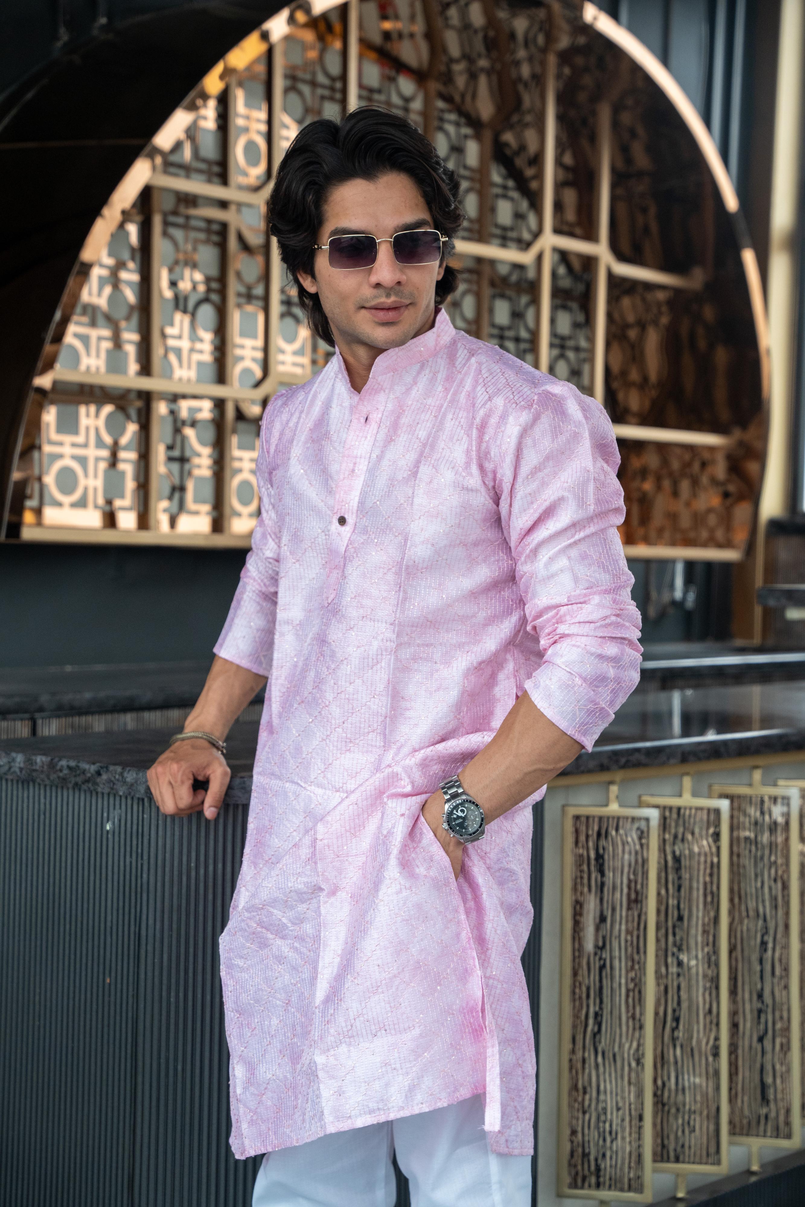 The Pink Long kurta with Geometric Zari Work