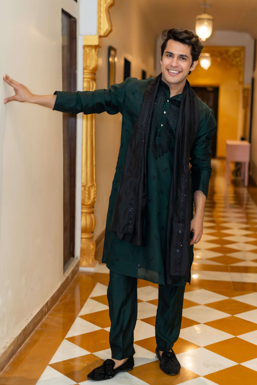 The Green Long Kurta with Classical Embroidery and Sequins Work With Dupatta and Pajama