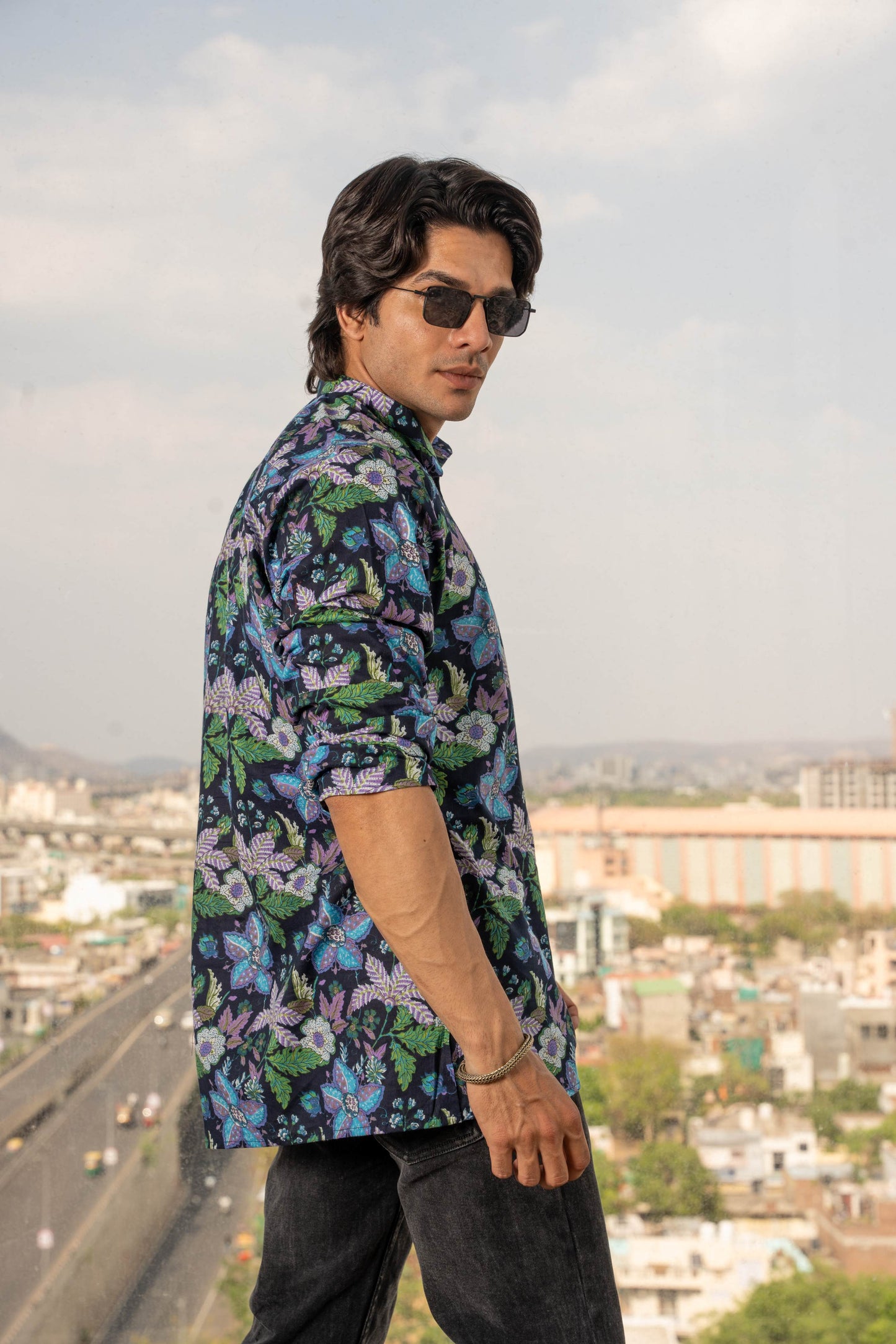 The Navy Blue Short Kurta With Floral Beach Print