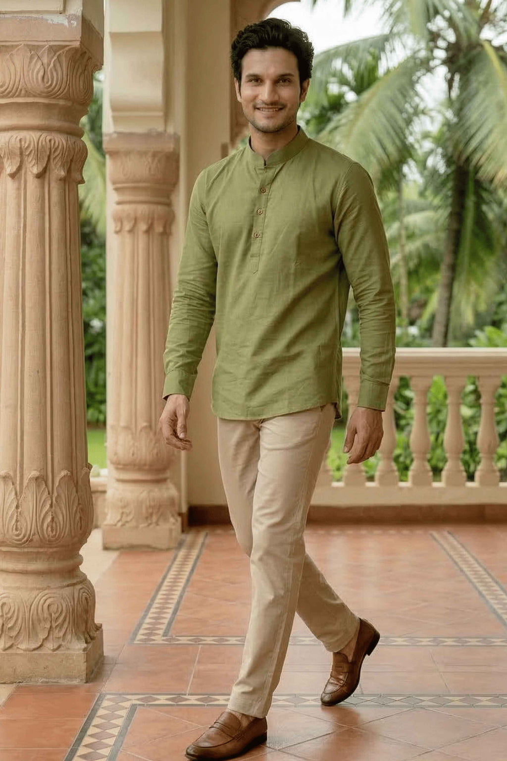 The Light Green Cotton Short kurta With Buttoned Cuffs