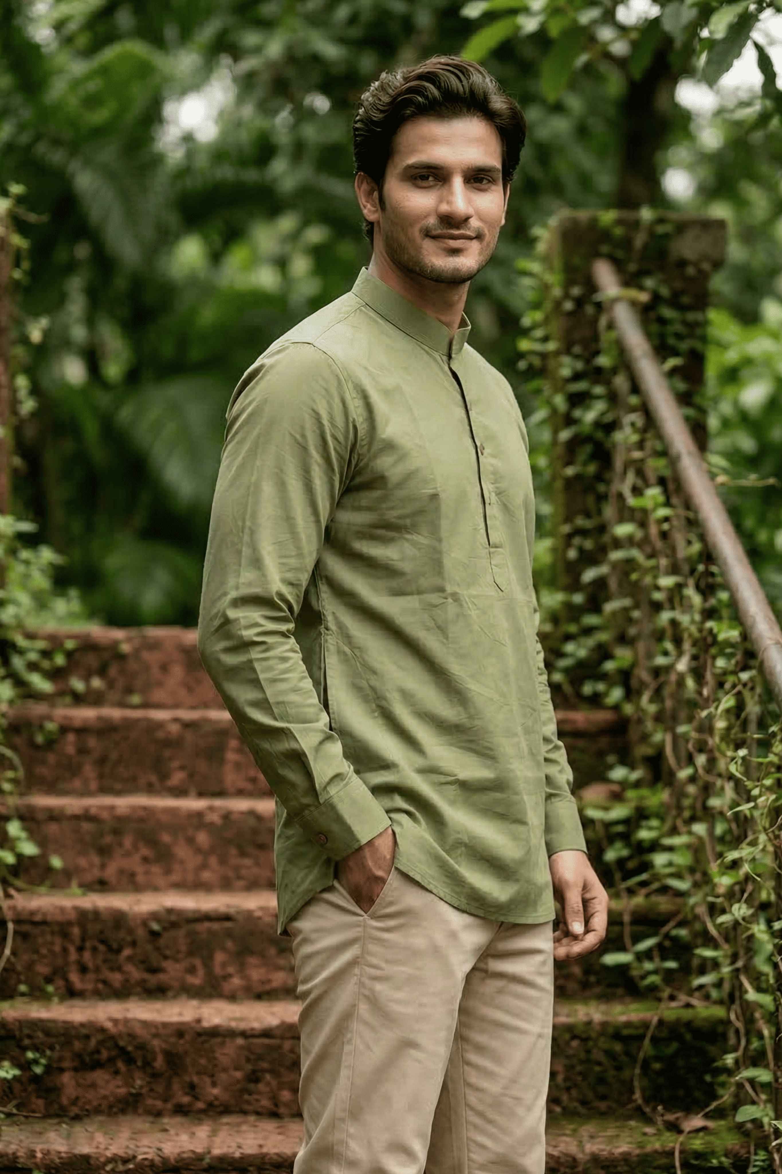 The Light Green Cotton Short kurta With Buttoned Cuffs