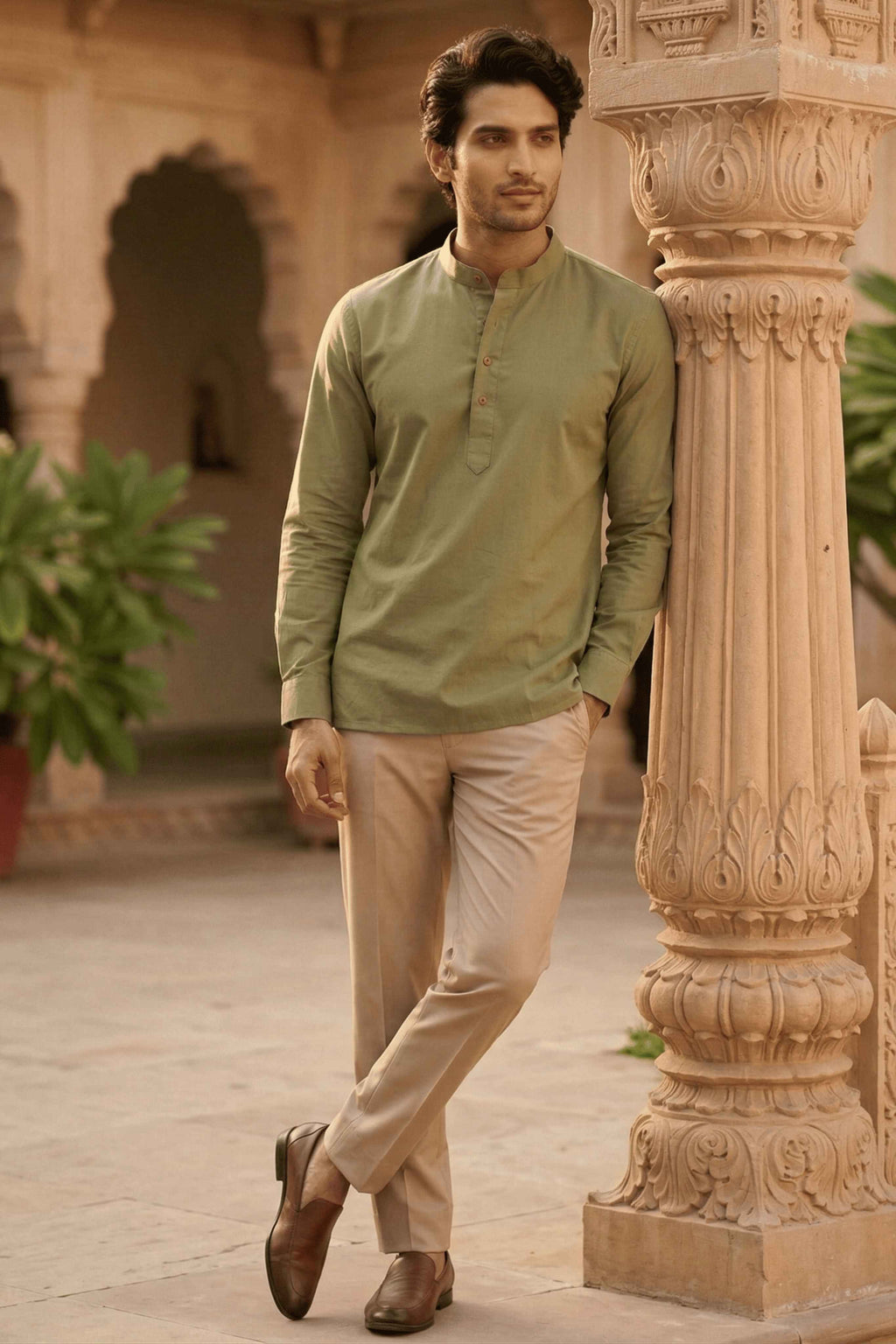 The Light Green Cotton Short kurta With Buttoned Cuffs