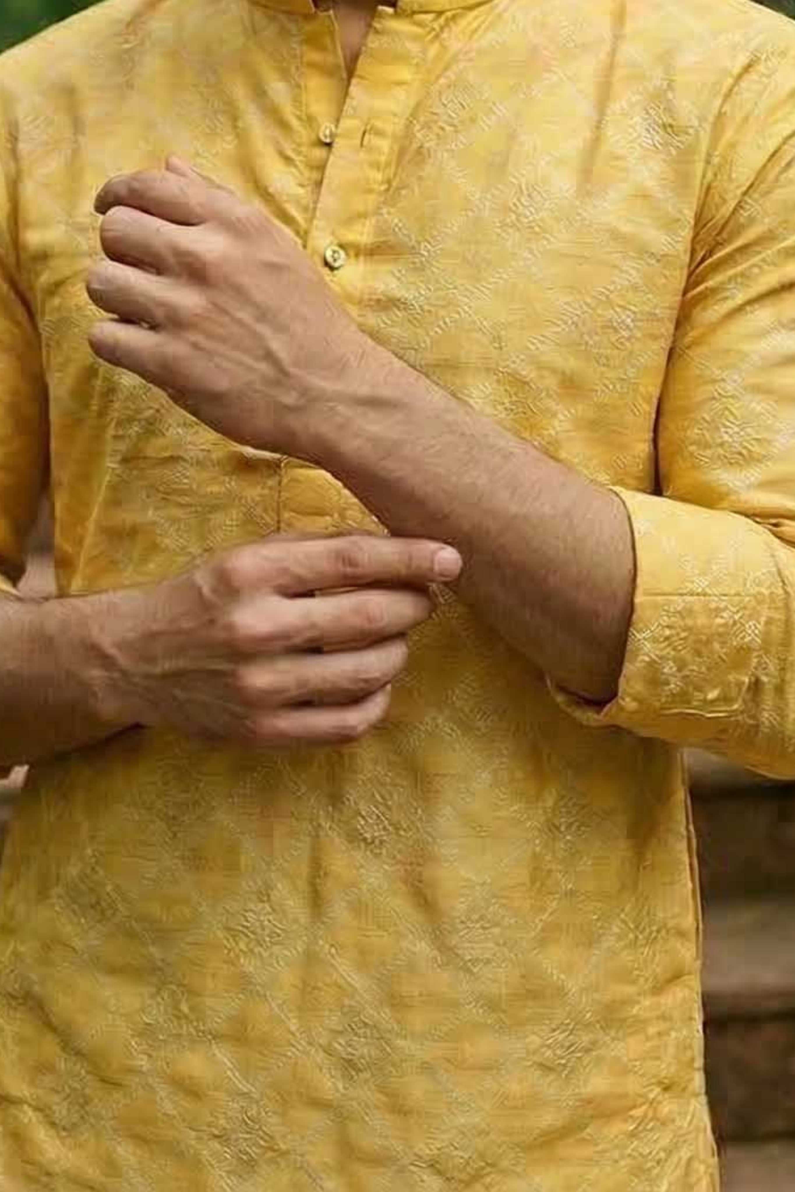 The Mustard Yellow Silk Blend Long Kurta with Heritage Self Motif
