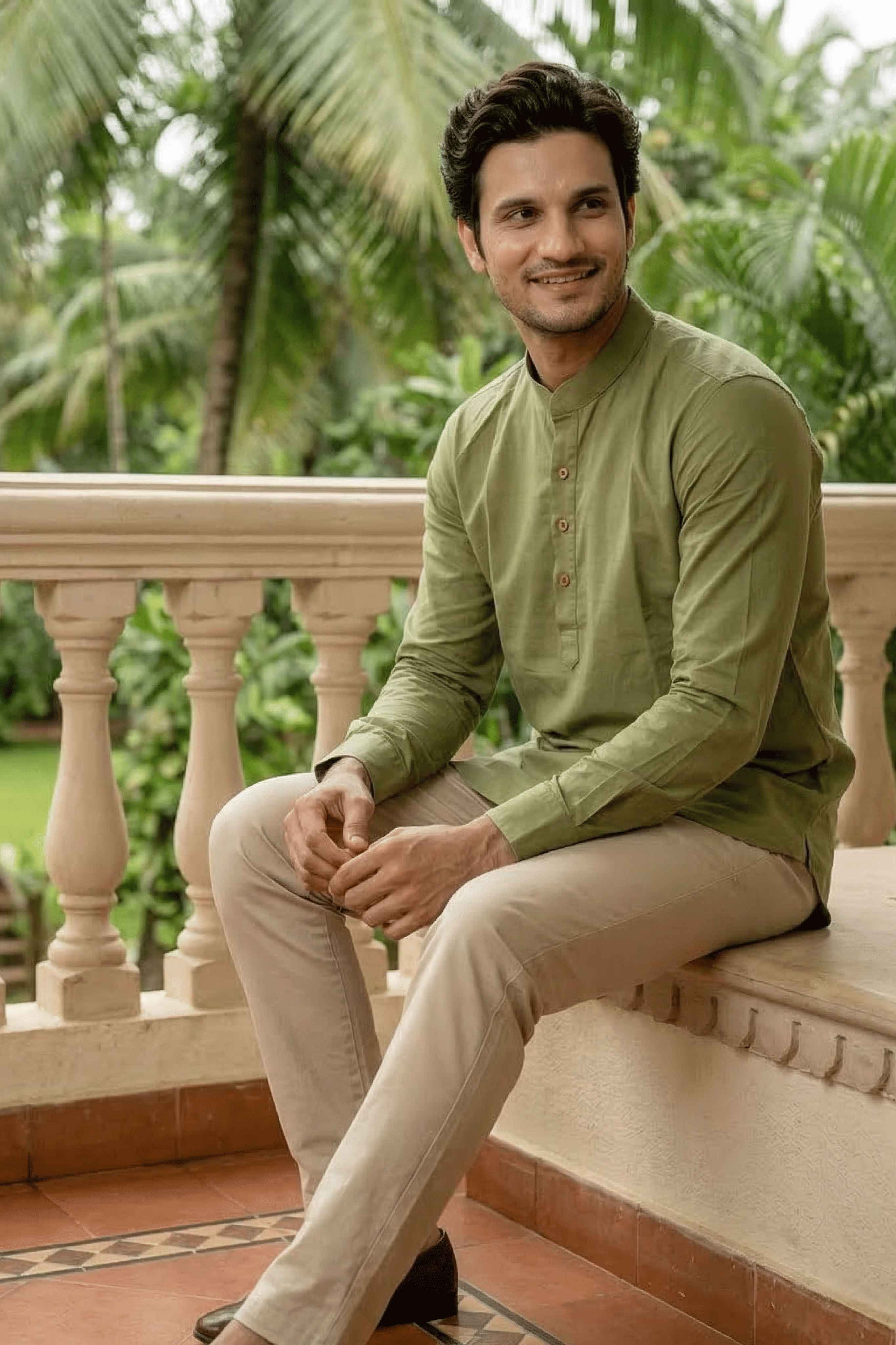 The Light Green Cotton Short kurta With Buttoned Cuffs