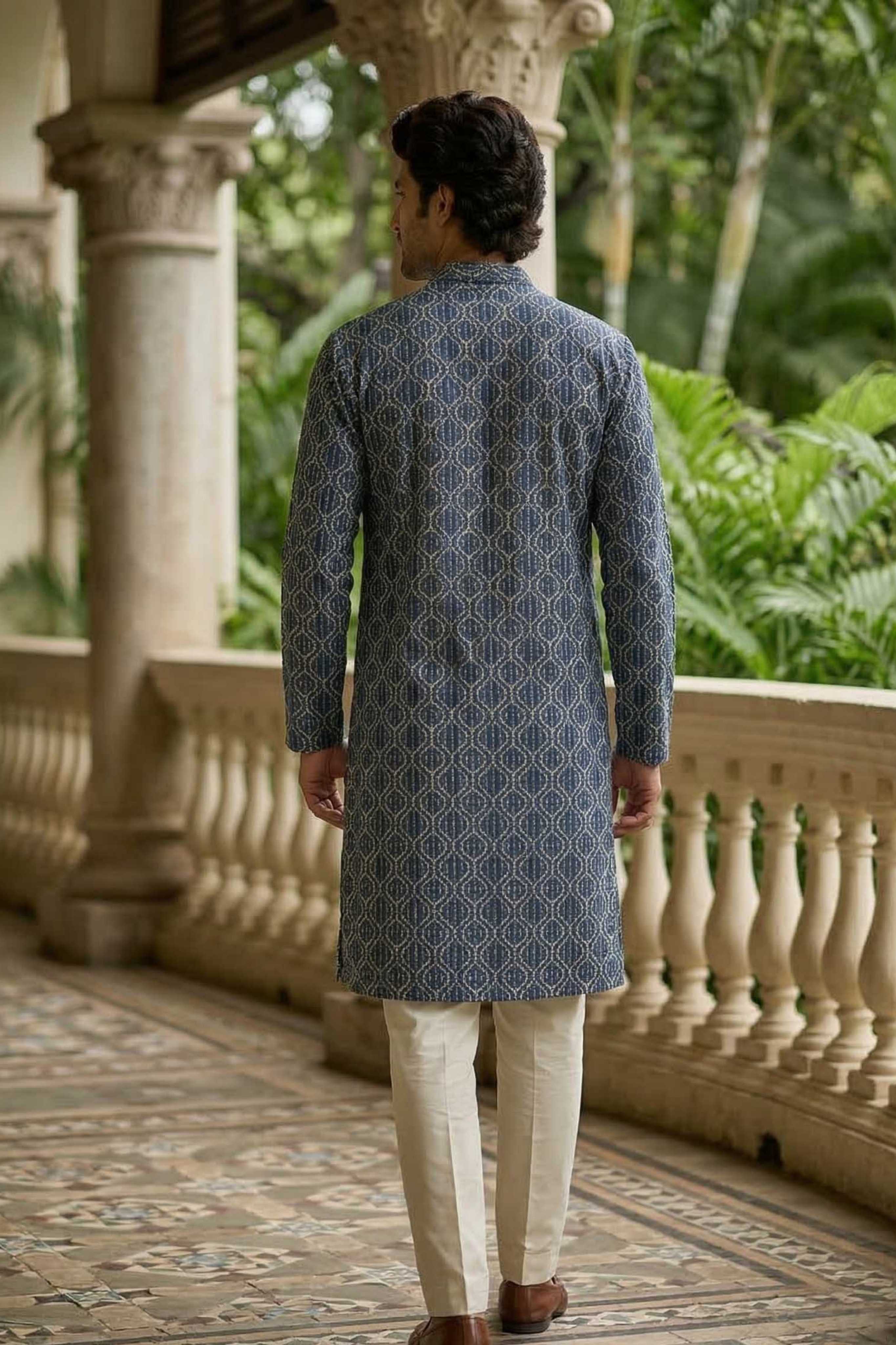 The Navy Blue Classic Geometric Print Long Kurta