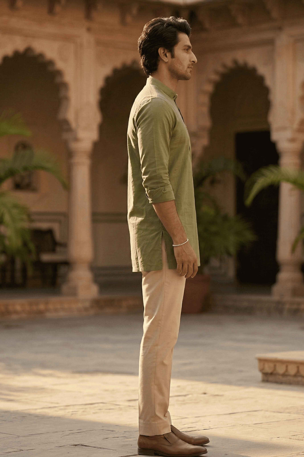 The Light Green Cotton Short kurta With Buttoned Cuffs