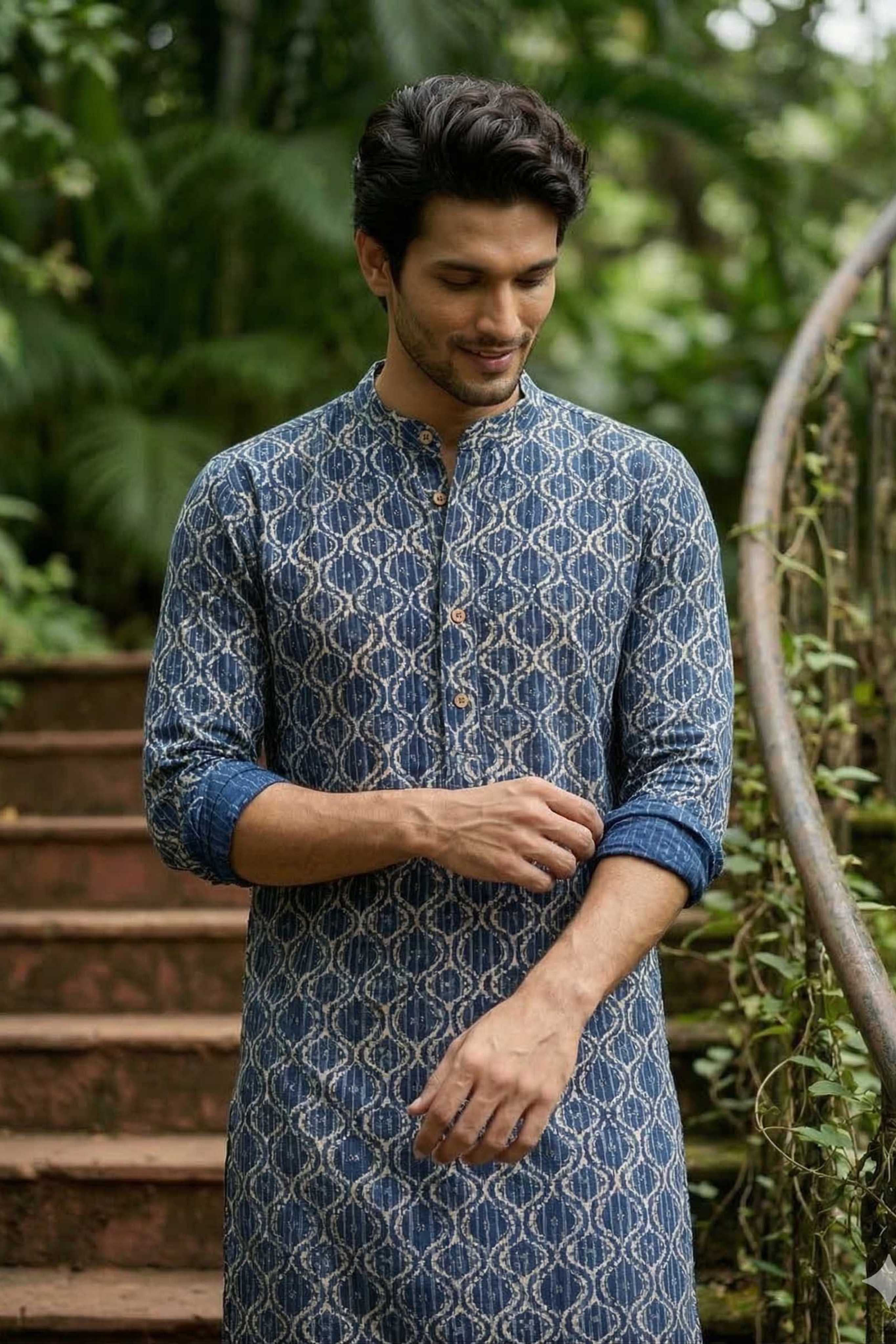 The Navy Blue Classic Geometric Print Long Kurta