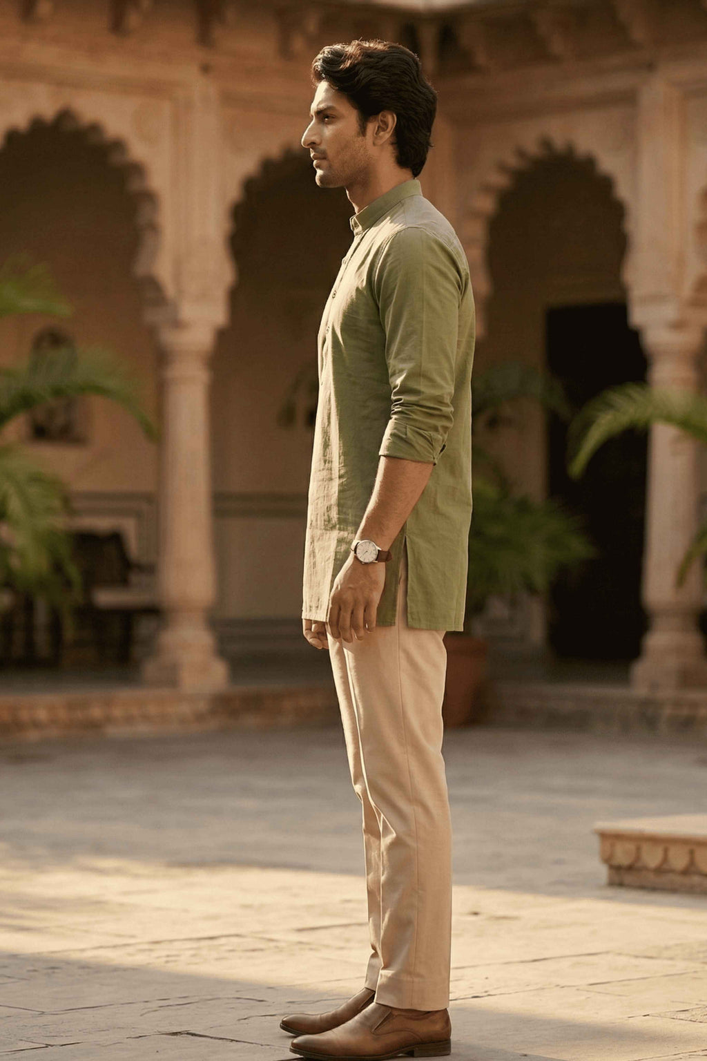 The Light Green Cotton Short kurta With Buttoned Cuffs