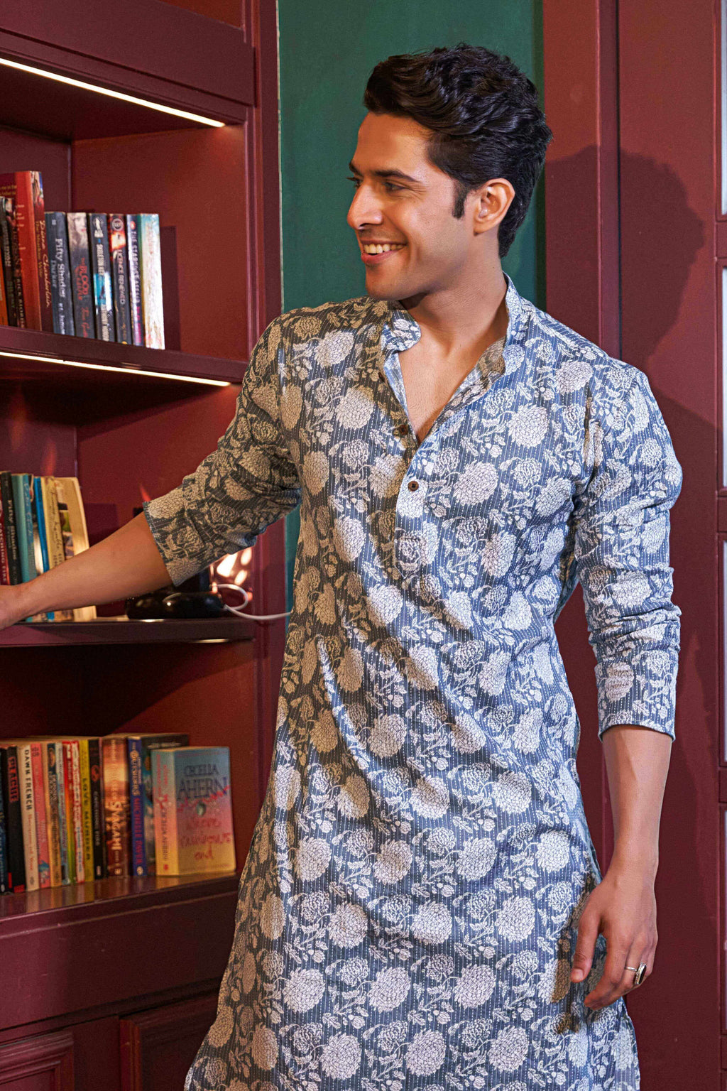 The Ice Blue Kantha Work Long Kurta with Flower Print
