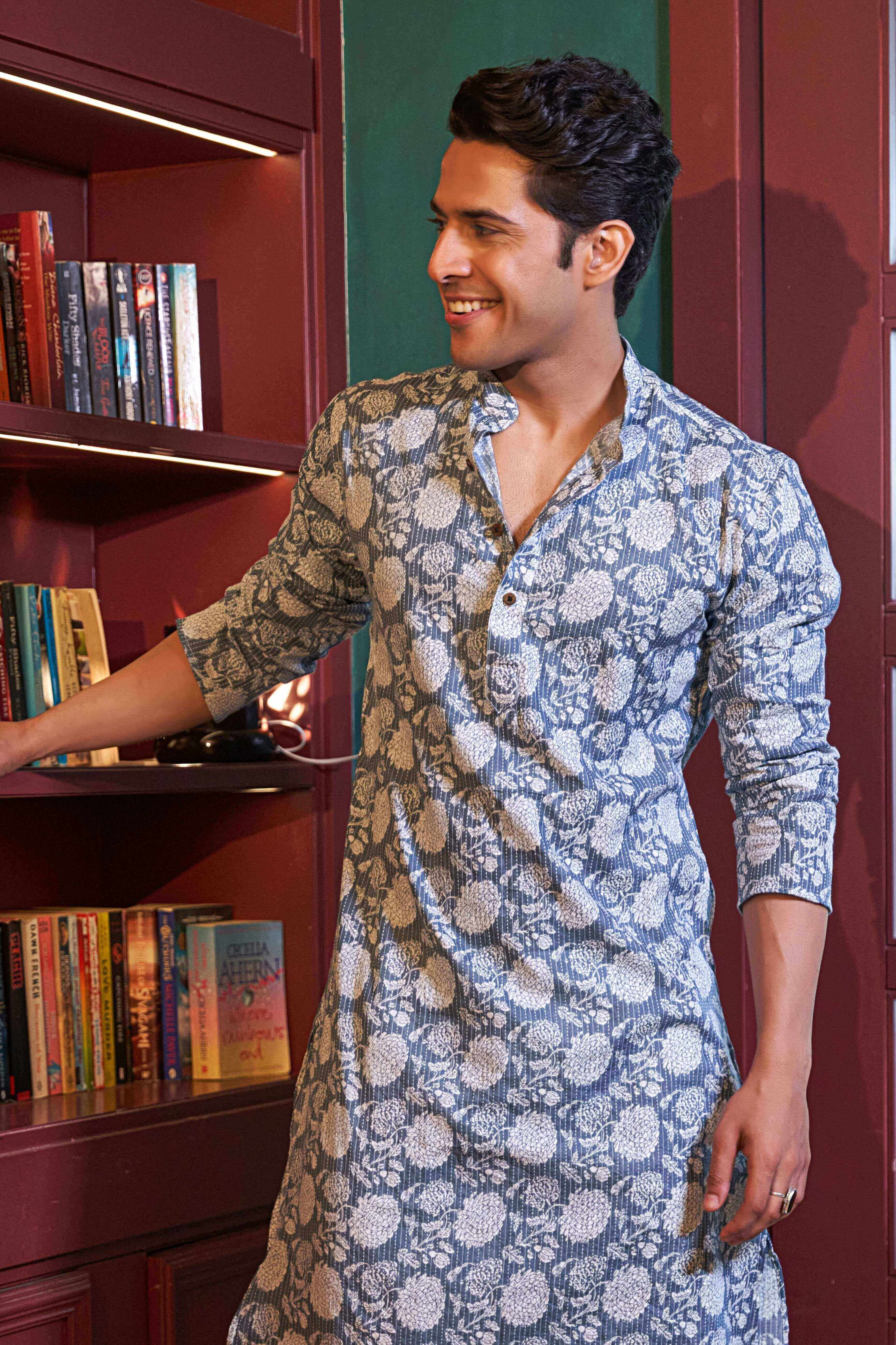 The Ice Blue Kantha Work Long Kurta with Flower Print