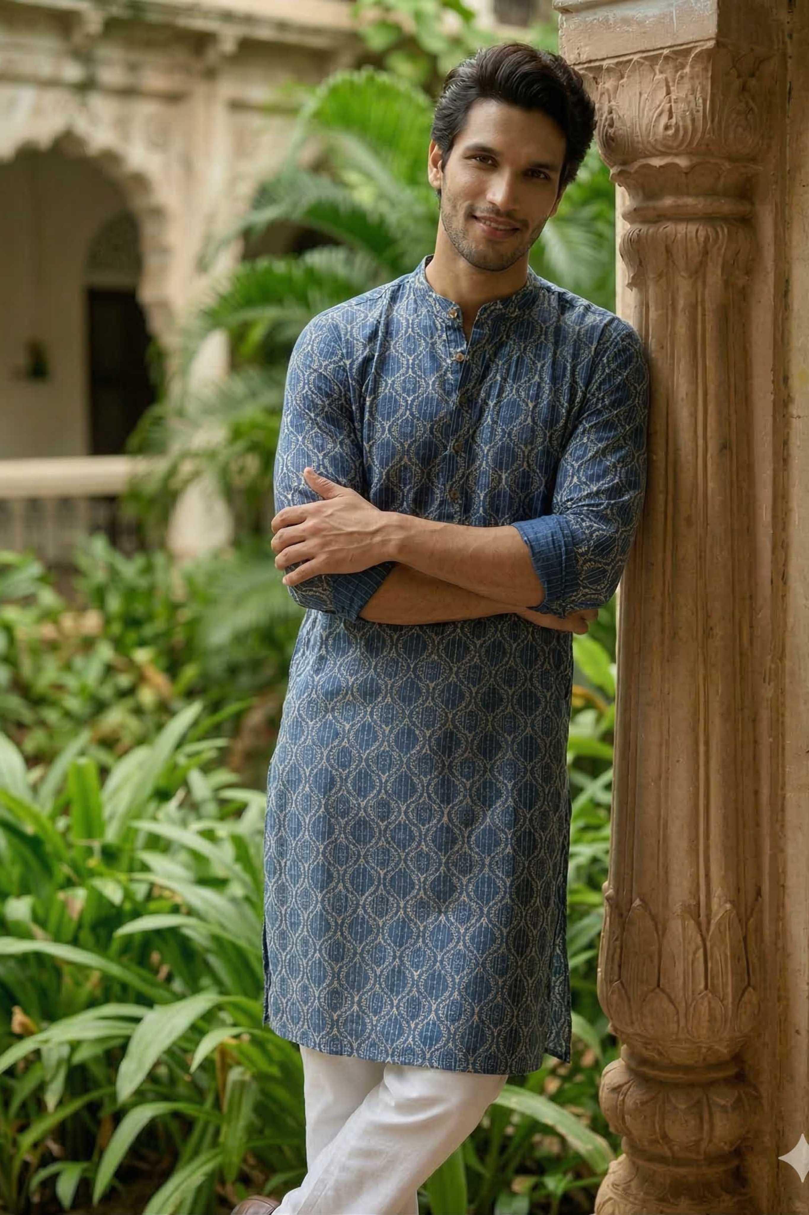The Navy Blue Classic Geometric Print Long Kurta