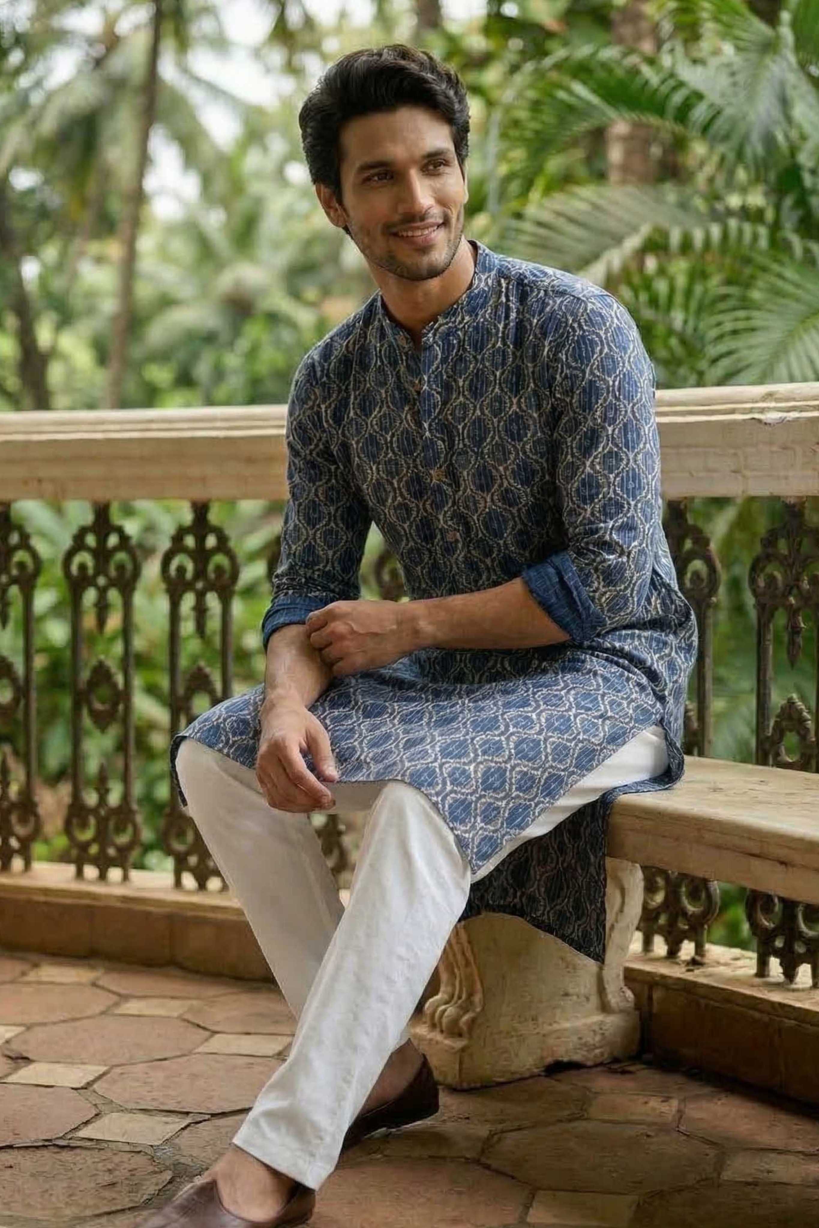 The Navy Blue Classic Geometric Print Long Kurta
