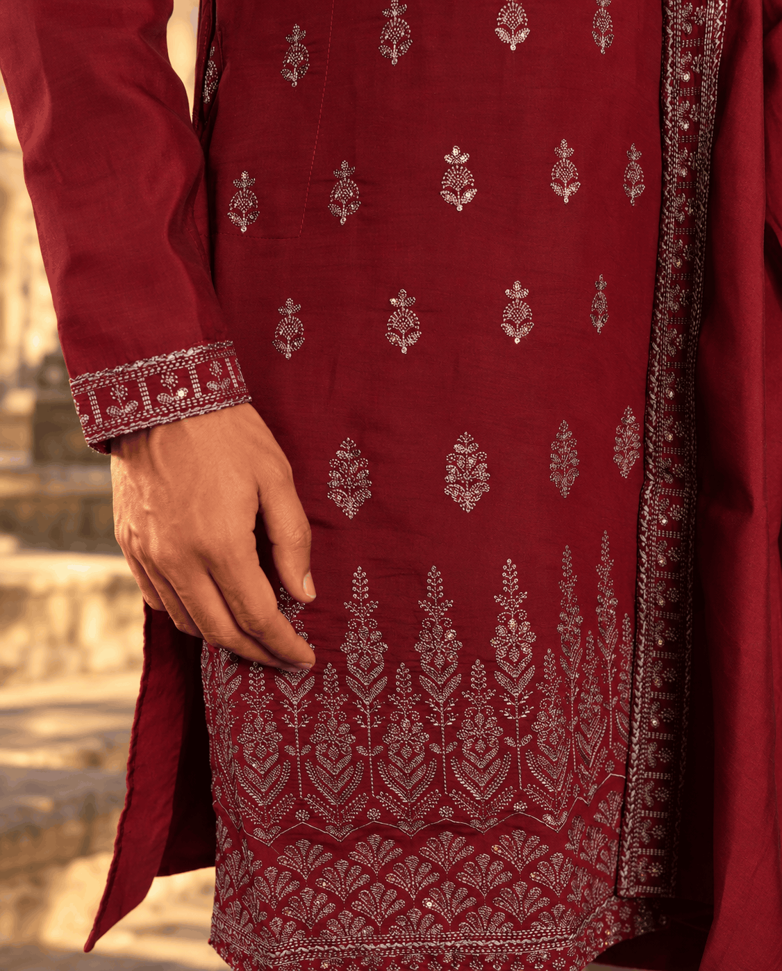 The Maroon Royal Canopy Embroidery Kurta With Dupatta