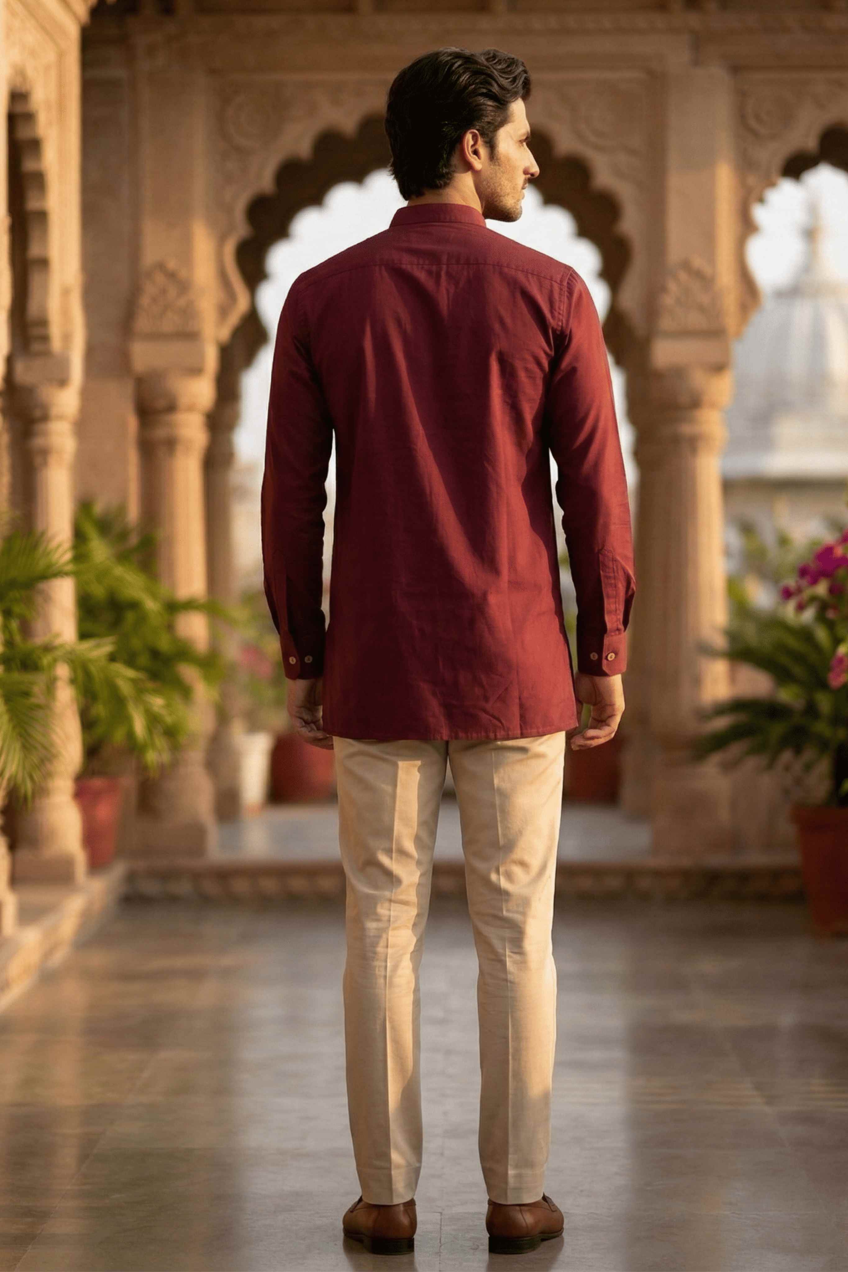 The Maroon Cotton Short kurta With Buttoned Cuffs