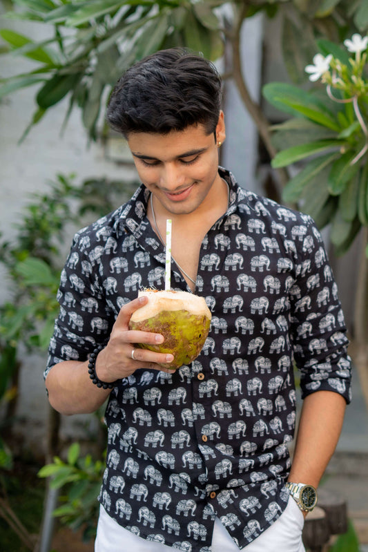 The Black Shirt With White Elephant Print