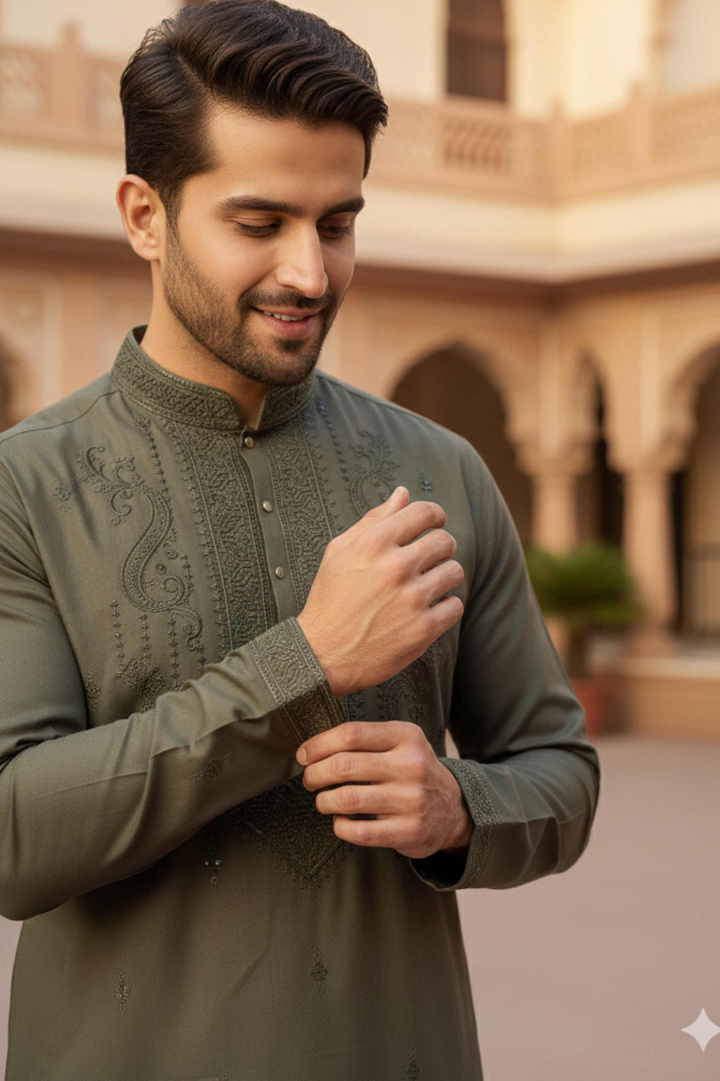 The Earthy Green Classic Heritage Embroidery Long Kurta