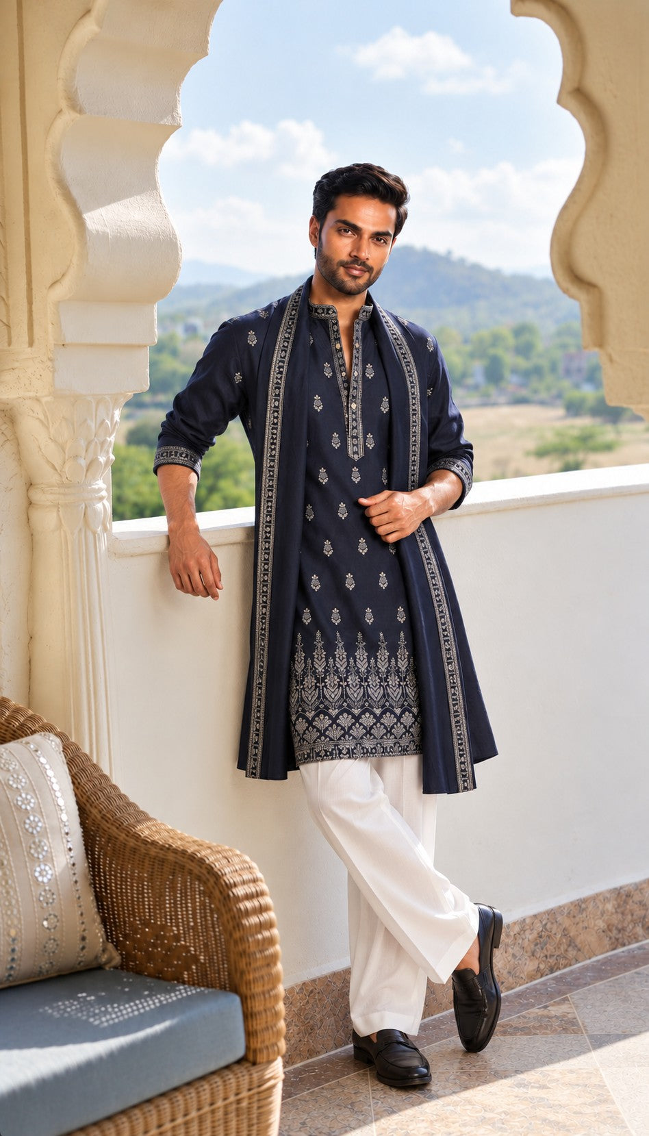 Navy Blue Vine Embroidery Kurta With Dupatta