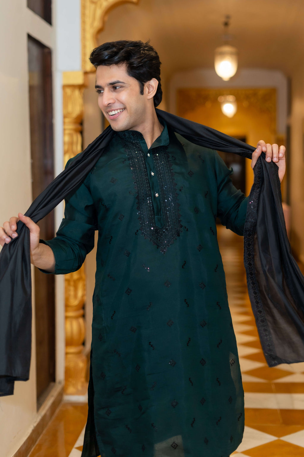 The Green Long Kurta with Classical Embroidery and Sequins Work With Dupatta and Pajama