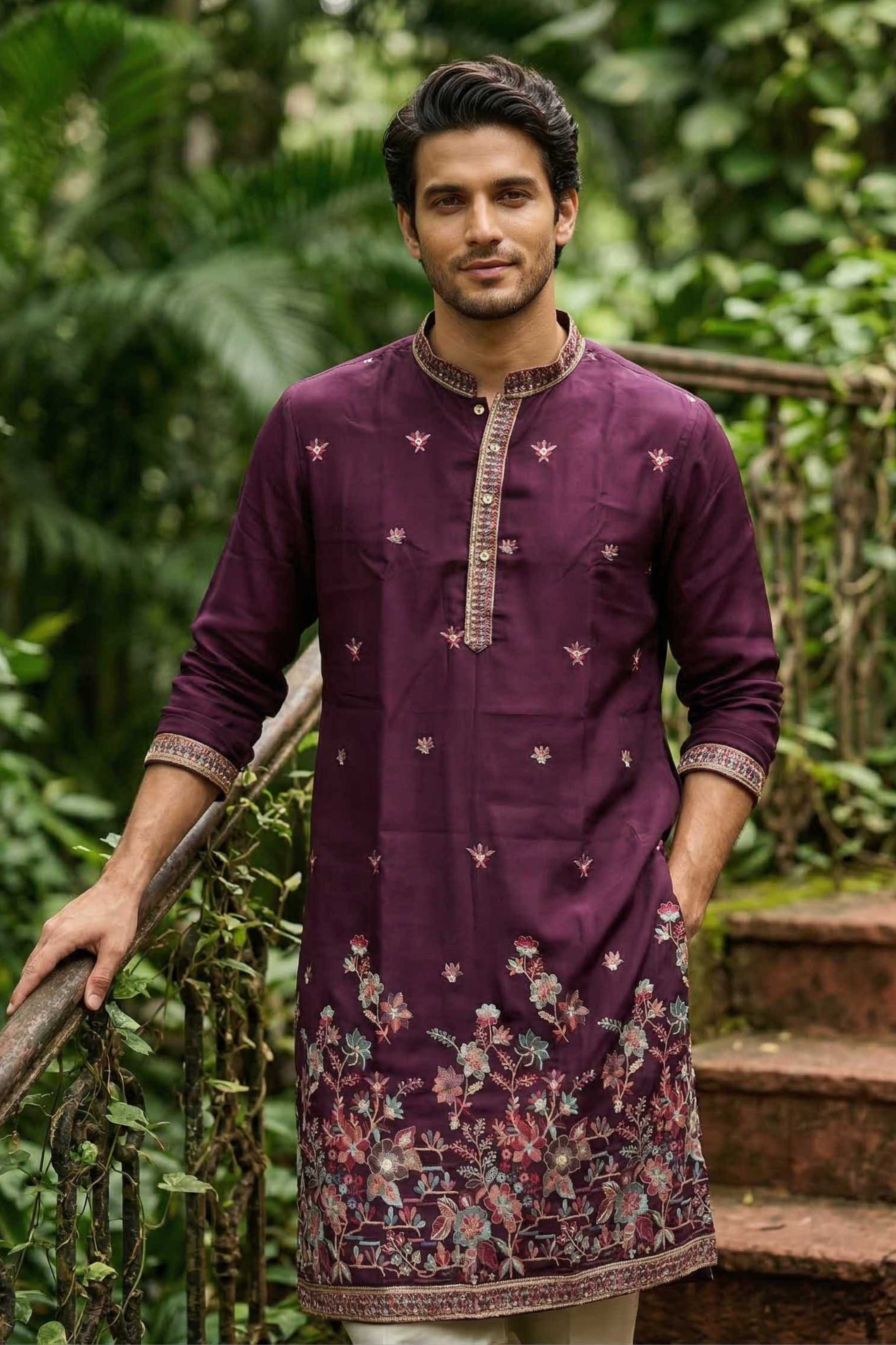 Wine Purple Designer Georgette Long Kurta with Floral Embroidery and Dupatta