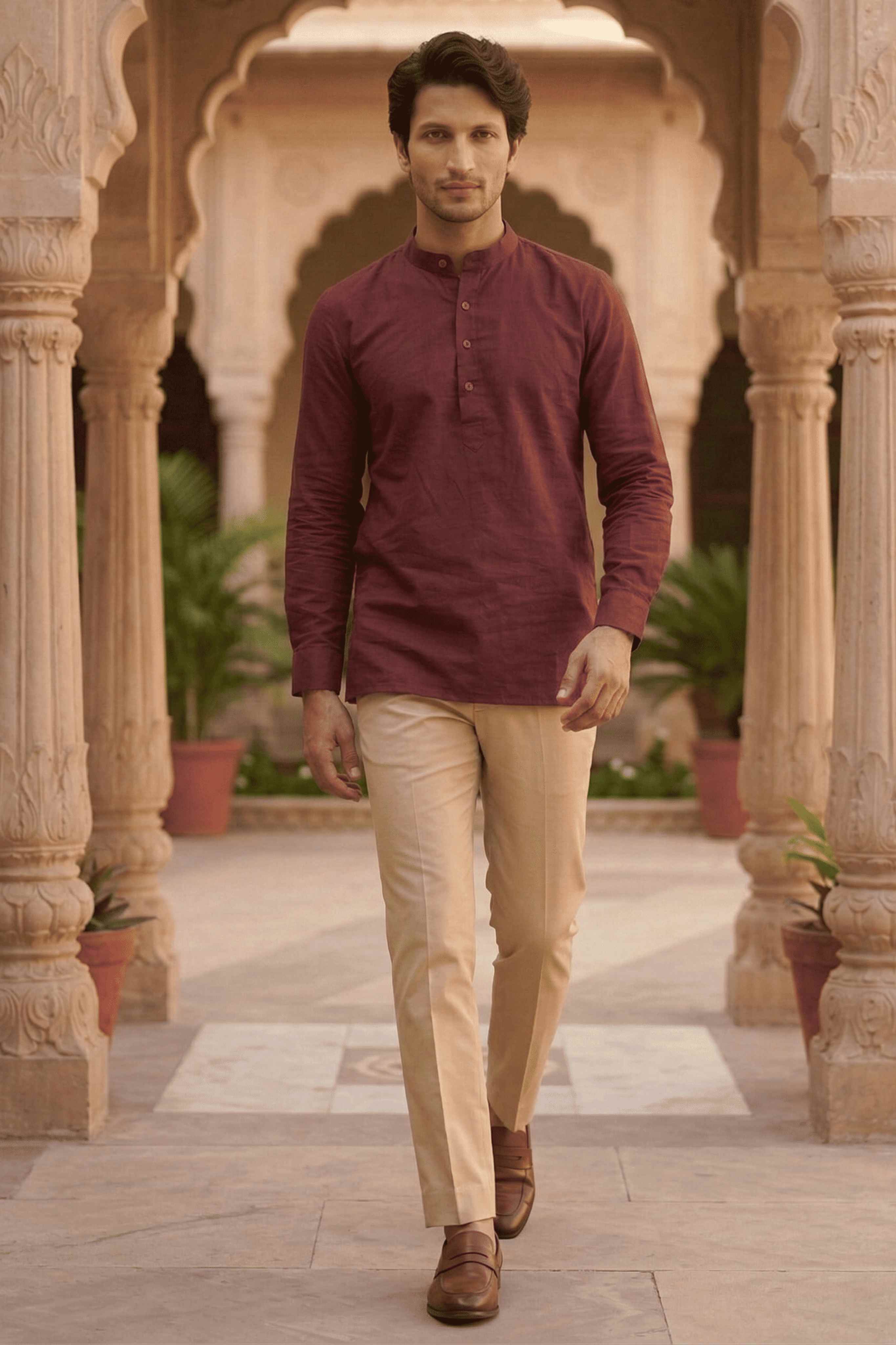 The Maroon Cotton Short kurta With Buttoned Cuffs