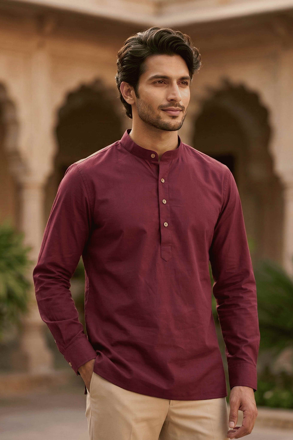 The Maroon Cotton Short kurta With Buttoned Cuffs
