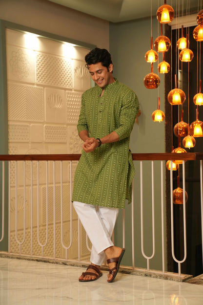 The Spring Green Long Kurta With Traditional Indian Block Print