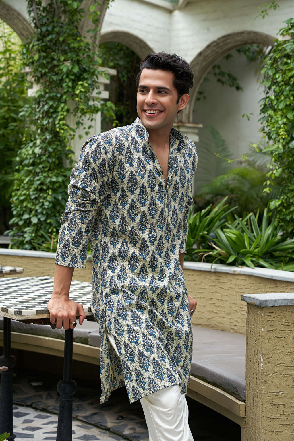 The Aloe Green Long Kurta with Blue Mughal Print