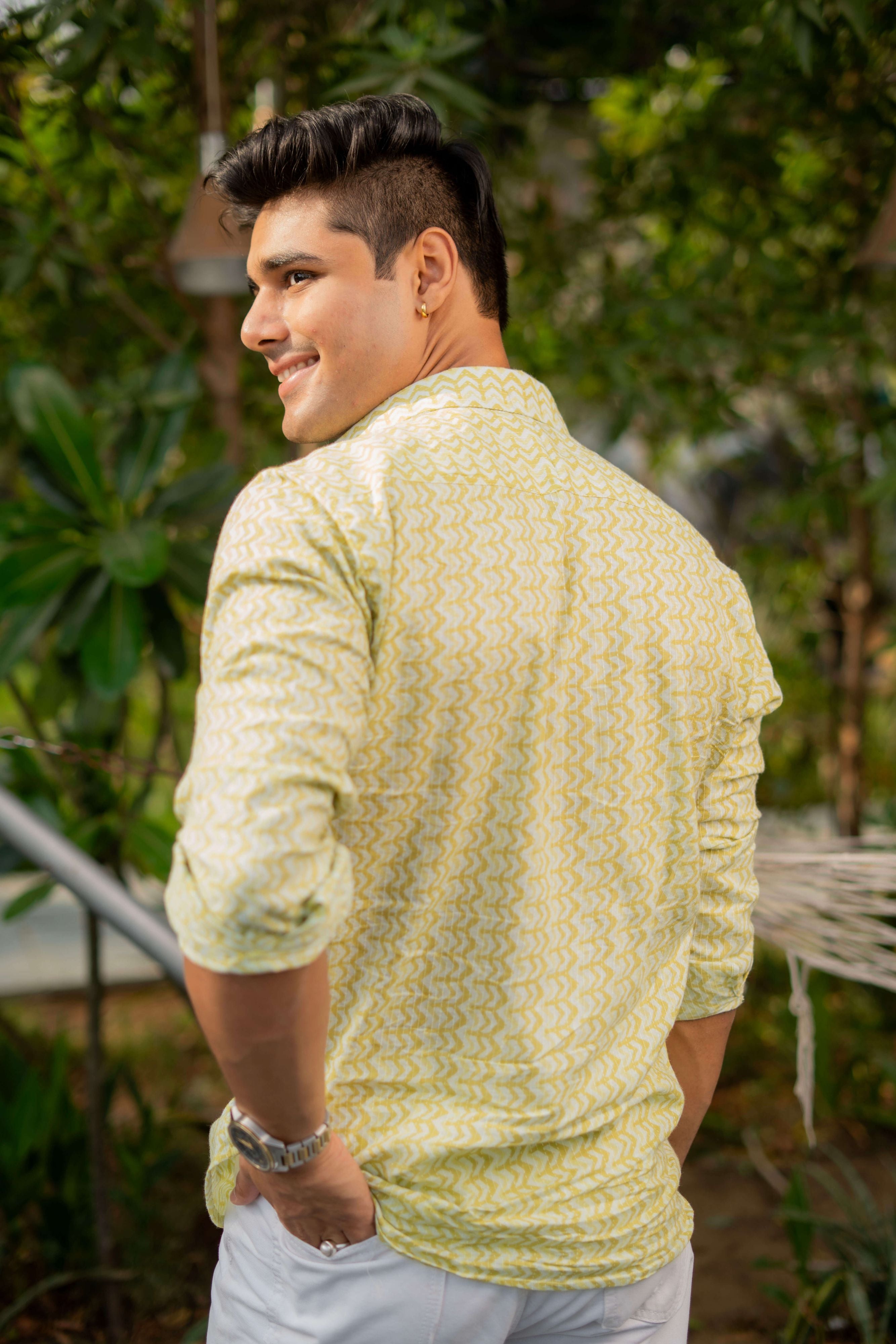 The White Kantha Work Shirt With Volt Green Chevron Print