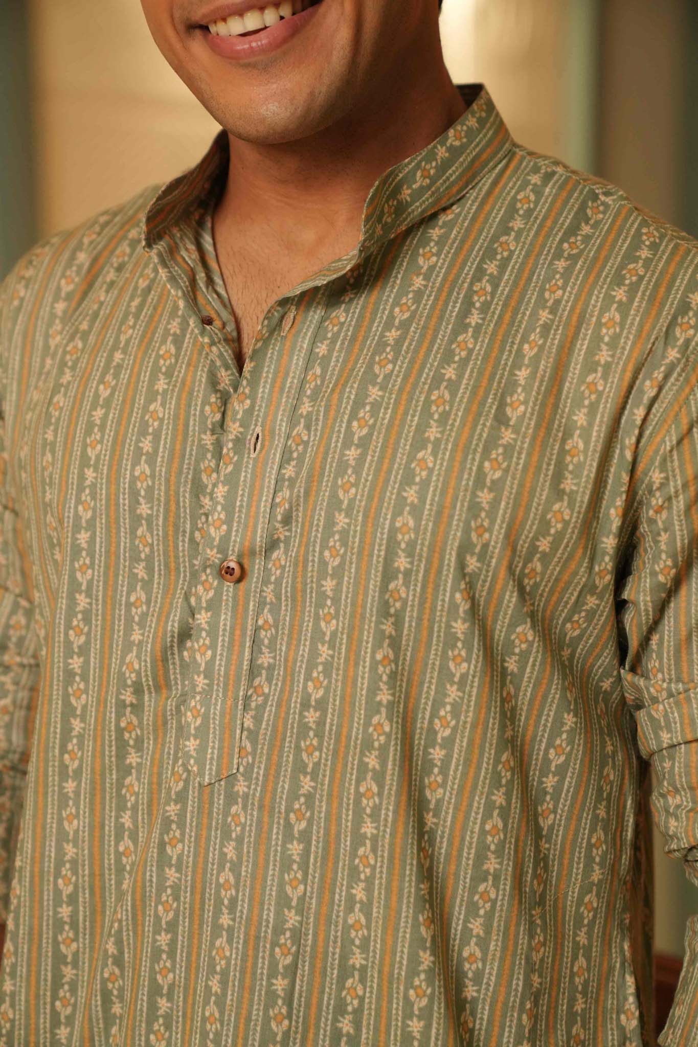 The Winter Green Long Kurta With Striped Floral Print