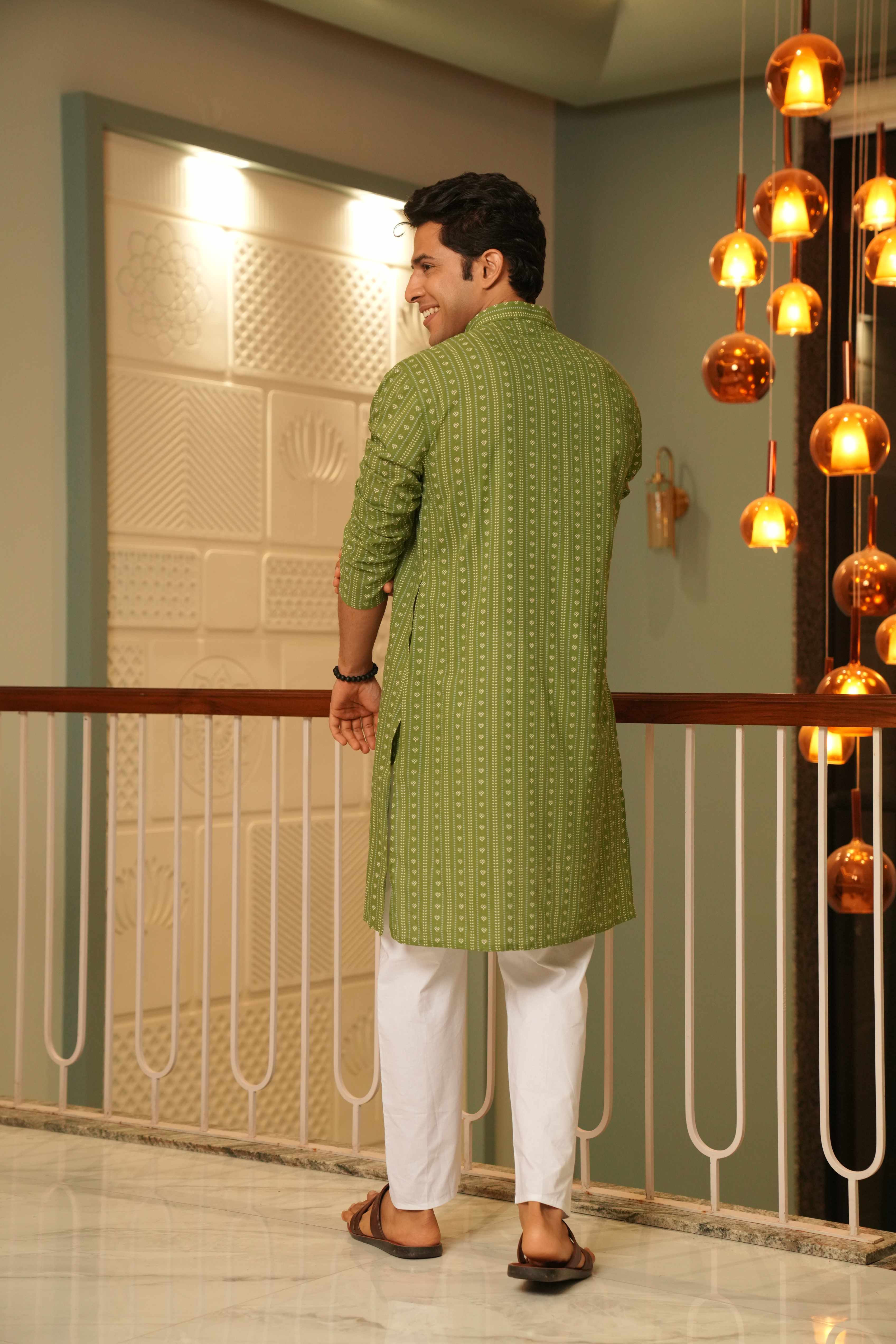 The Spring Green Long Kurta With Traditional Indian Block Print