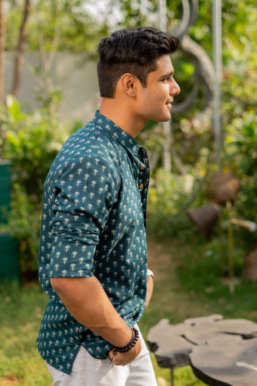 The Bottle Green Short Kurta With White Butti Print