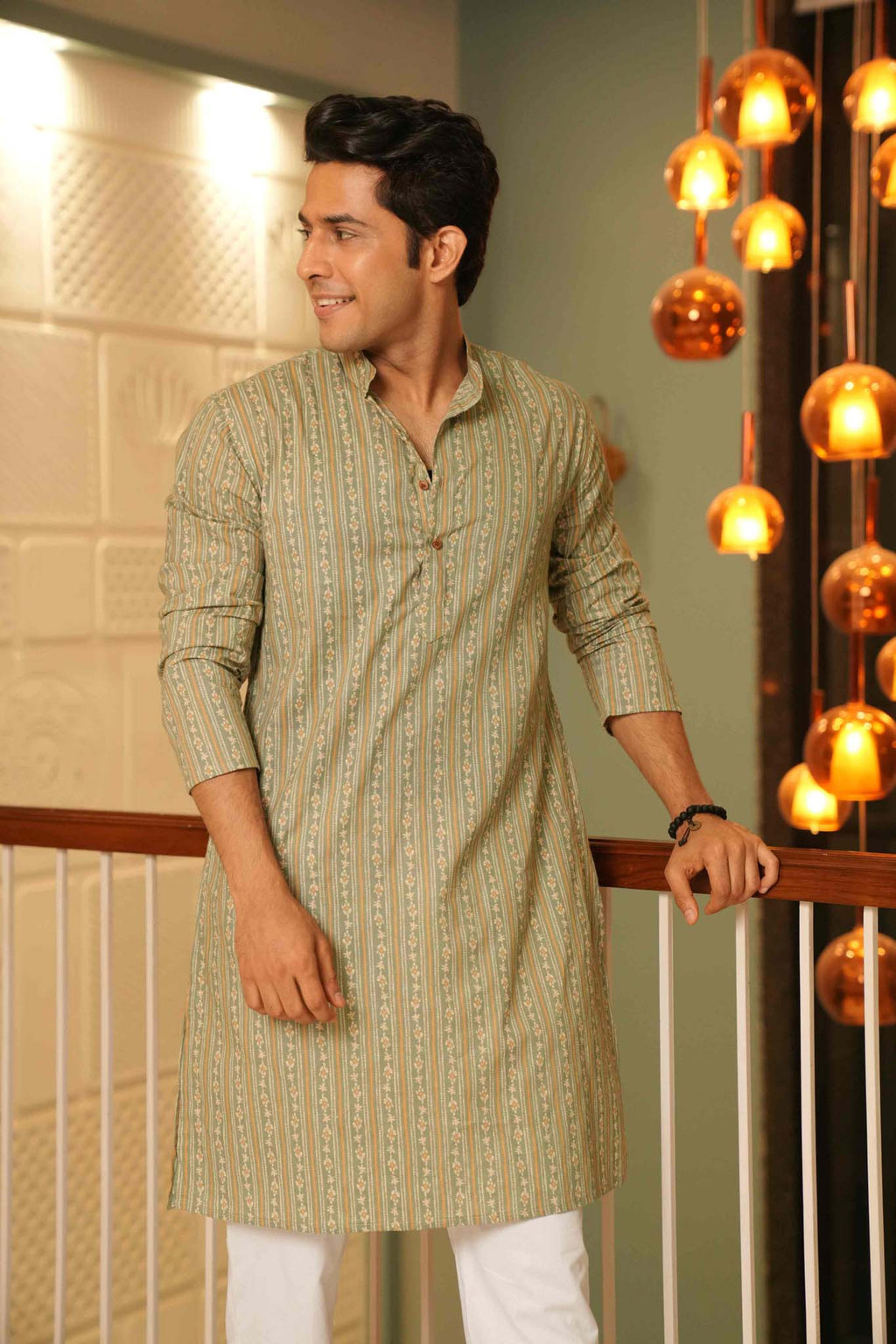 The Winter Green Long Kurta With Striped Floral Print
