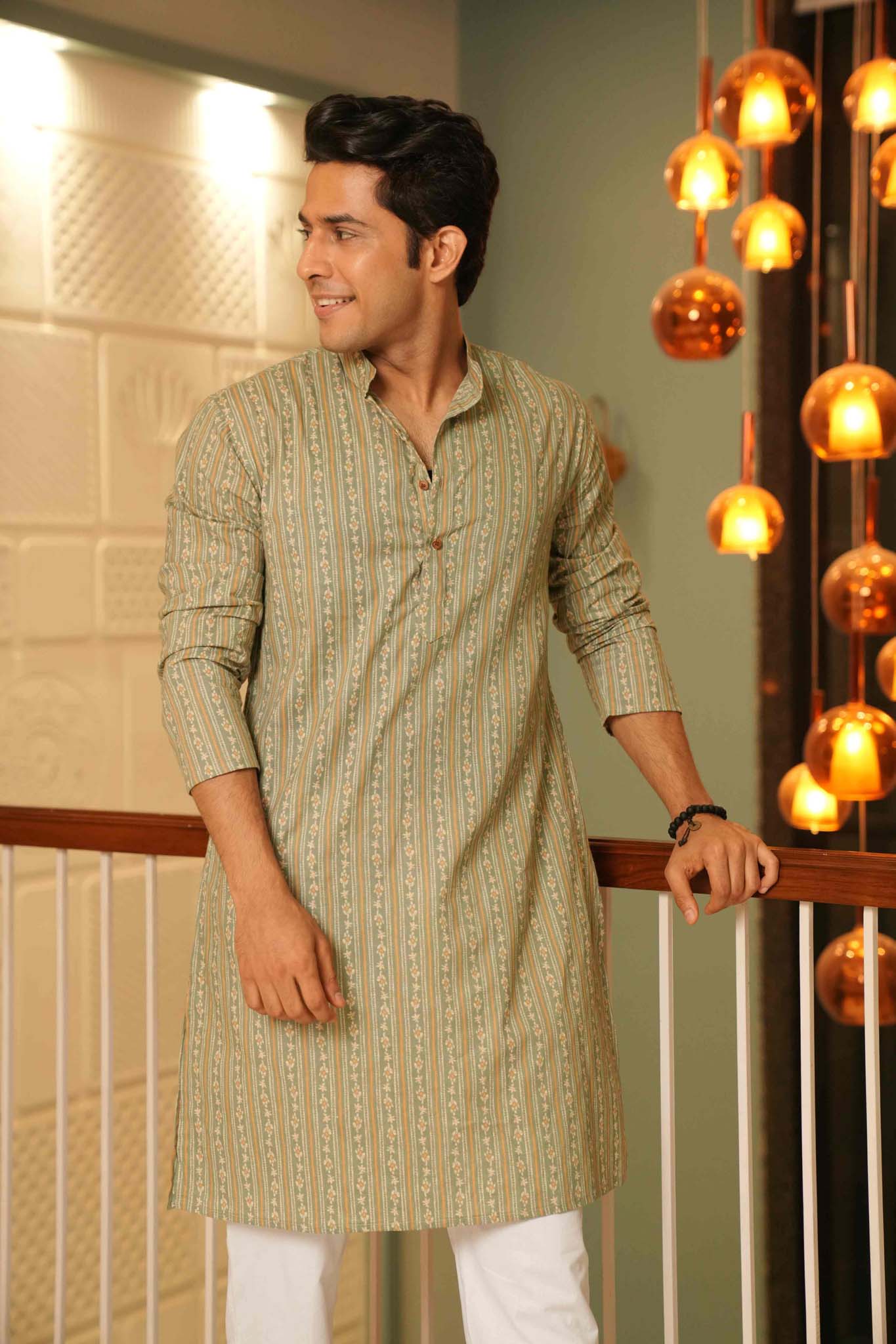 The Winter Green Long Kurta With Striped Floral Print