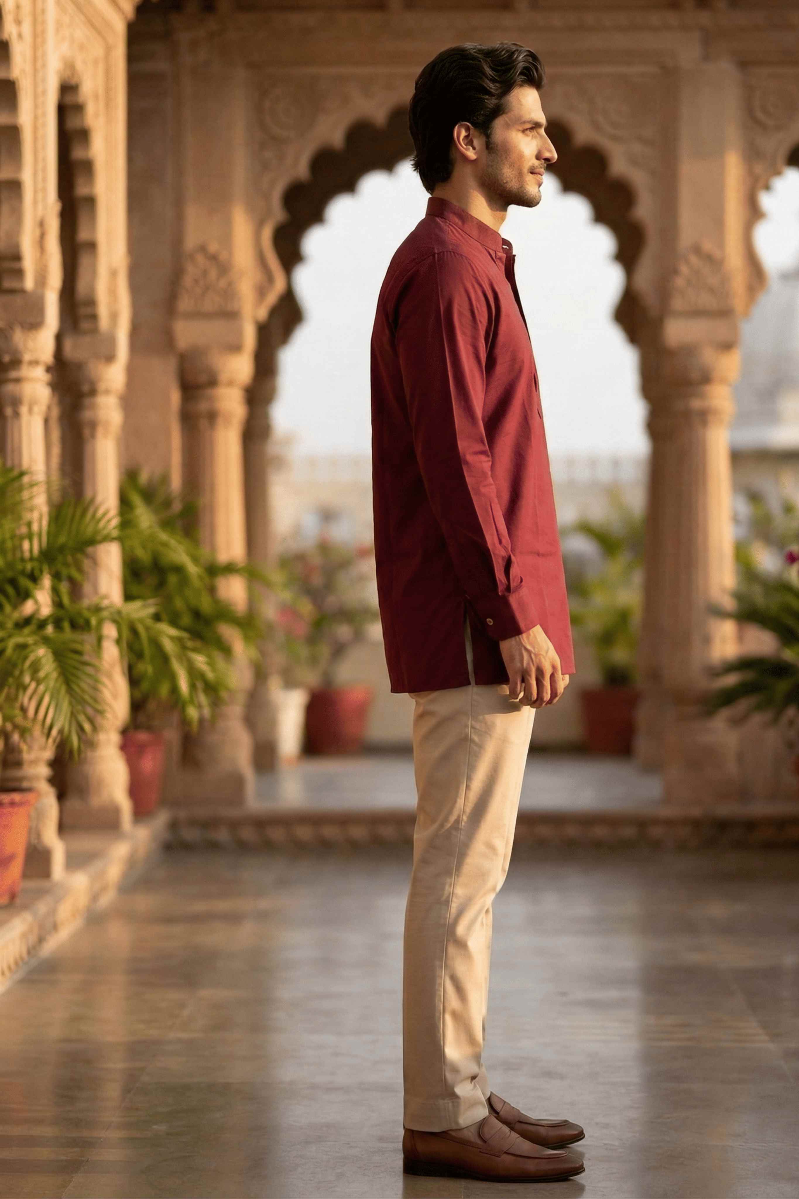 The Maroon Cotton Short kurta With Buttoned Cuffs
