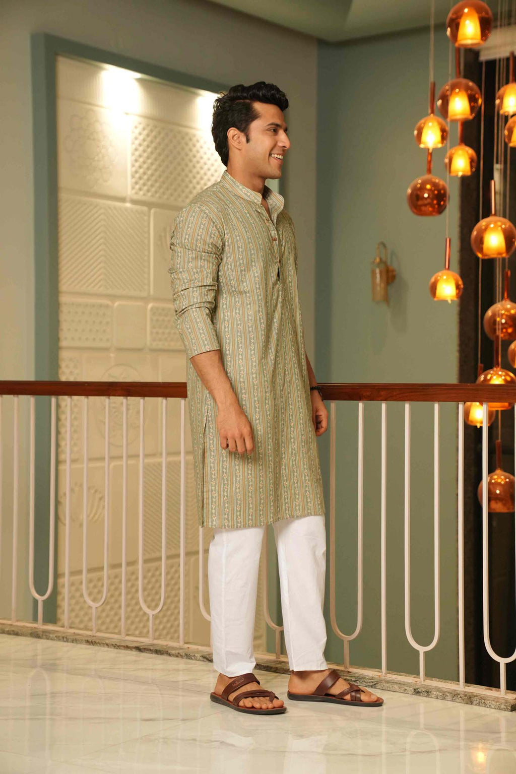 The Winter Green Long Kurta With Striped Floral Print