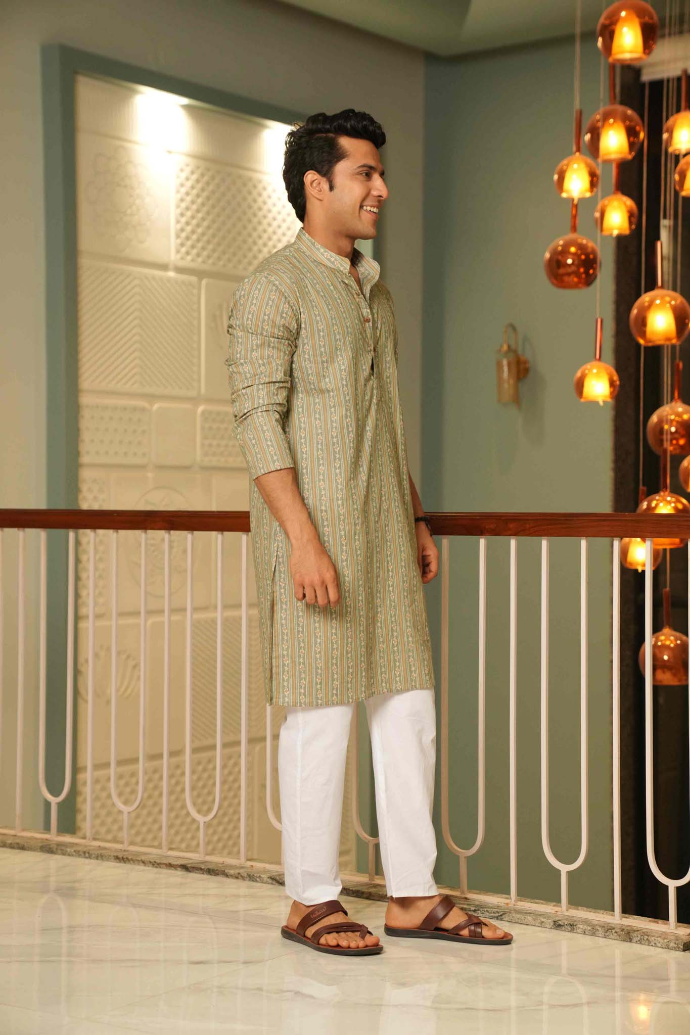The Winter Green Long Kurta With Striped Floral Print