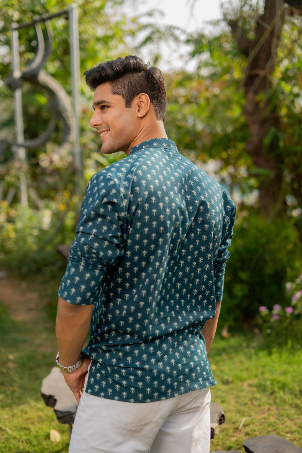 The Bottle Green Short Kurta With White Butti Print