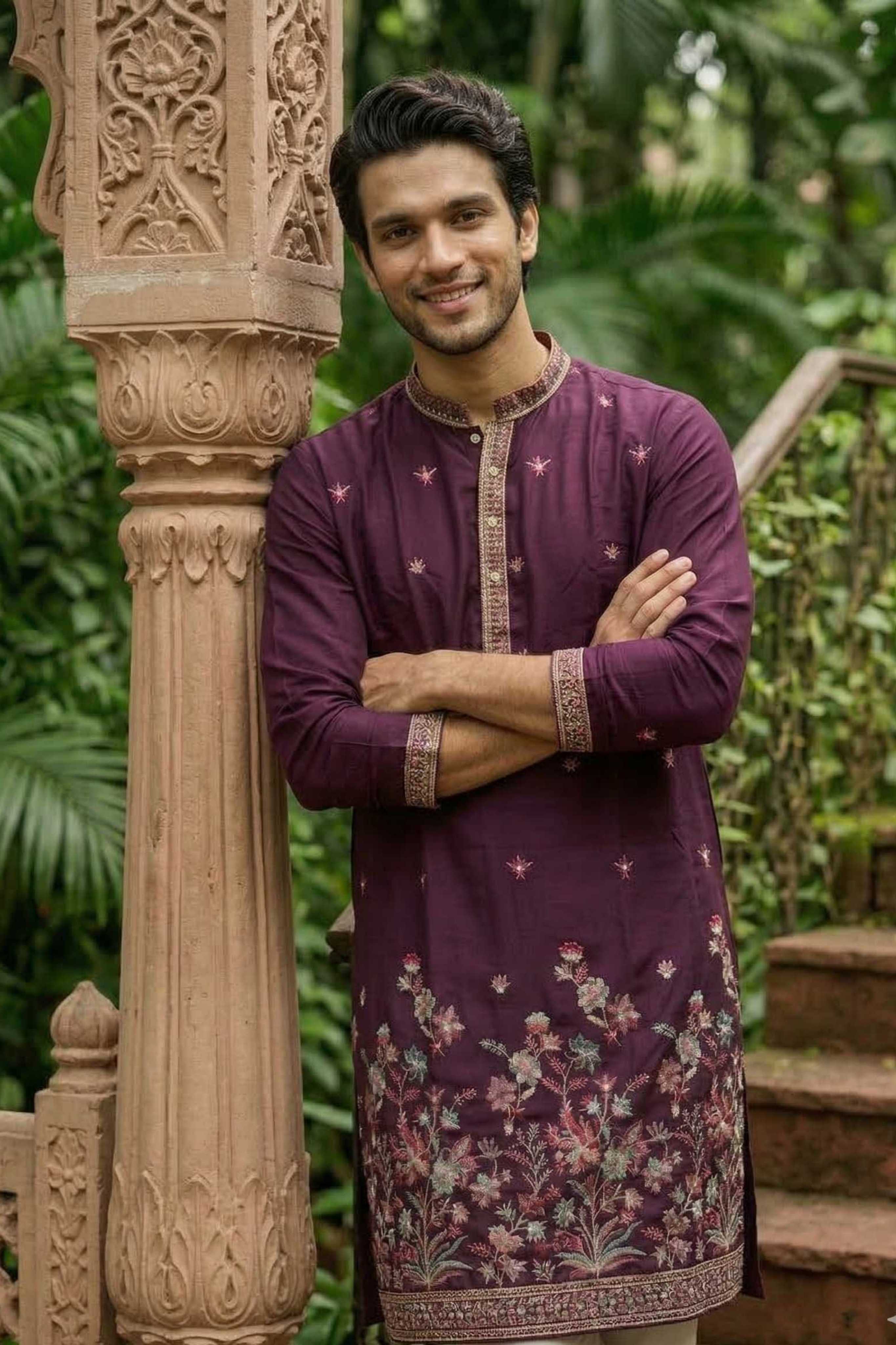 Wine Purple Designer Georgette Long Kurta with Floral Embroidery and Dupatta
