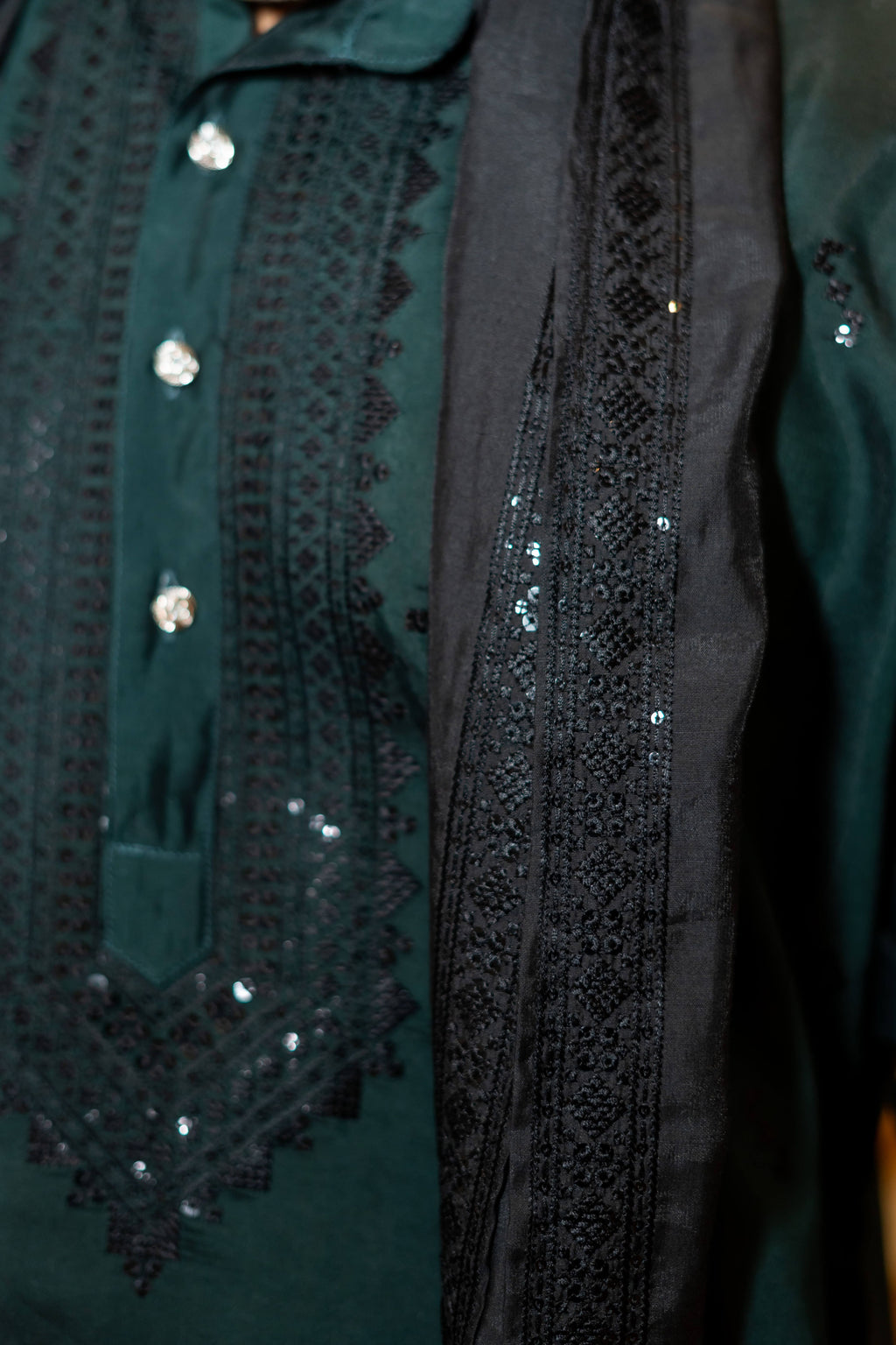 The Green Long Kurta with Classical Embroidery and Sequins Work With Dupatta and Pajama
