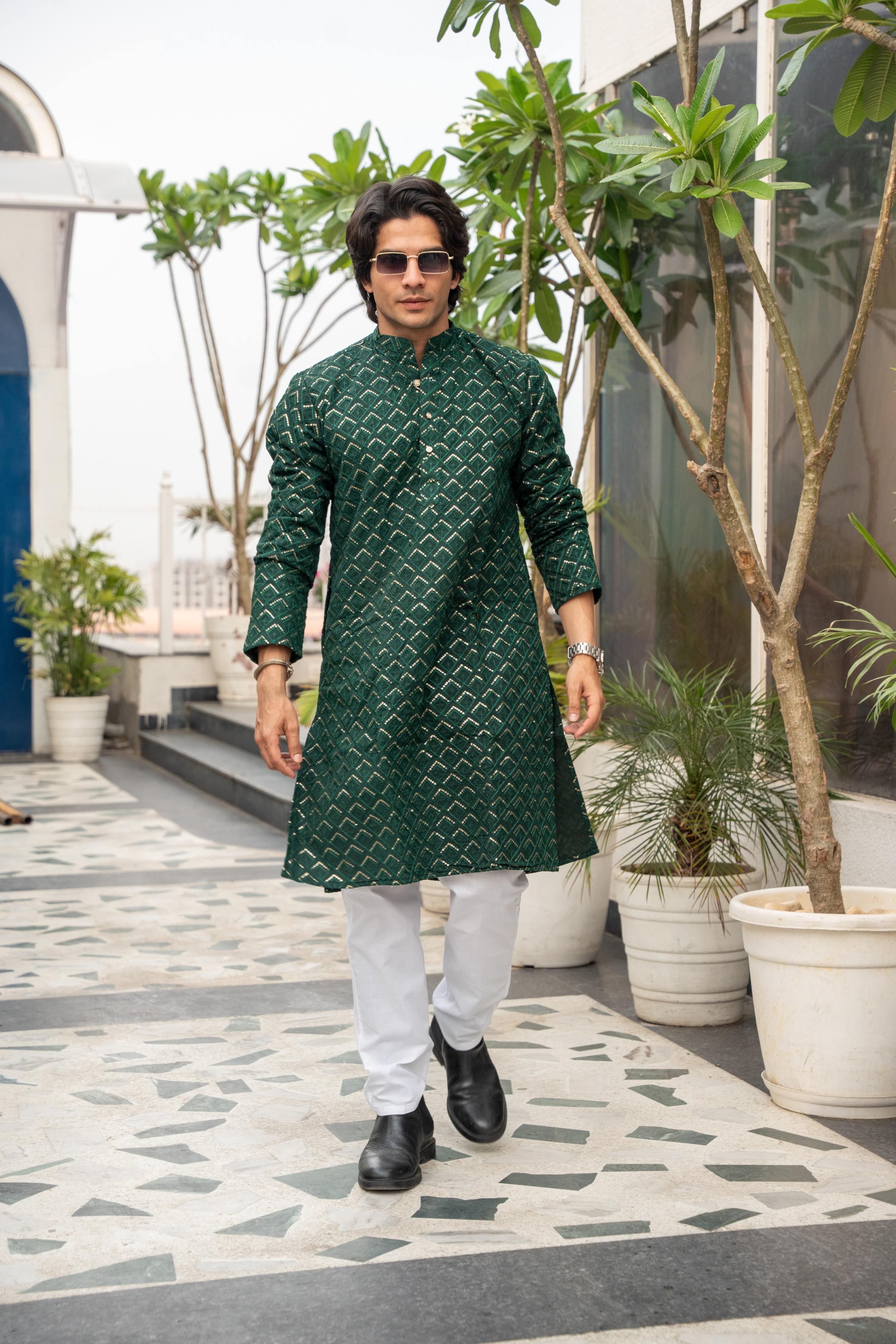 The Dark Green Long Kurta With Gemoetric Embroidery and sequins Work